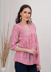 Trendy Pink Flared Pure Cotton Top - Flattering Silhouette For Effortless Chic