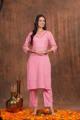 Trendy Plain Pink Cotton Kurta with Pants - The Perfect Blend of Comfort and Style for Everyday and Festive Occasions