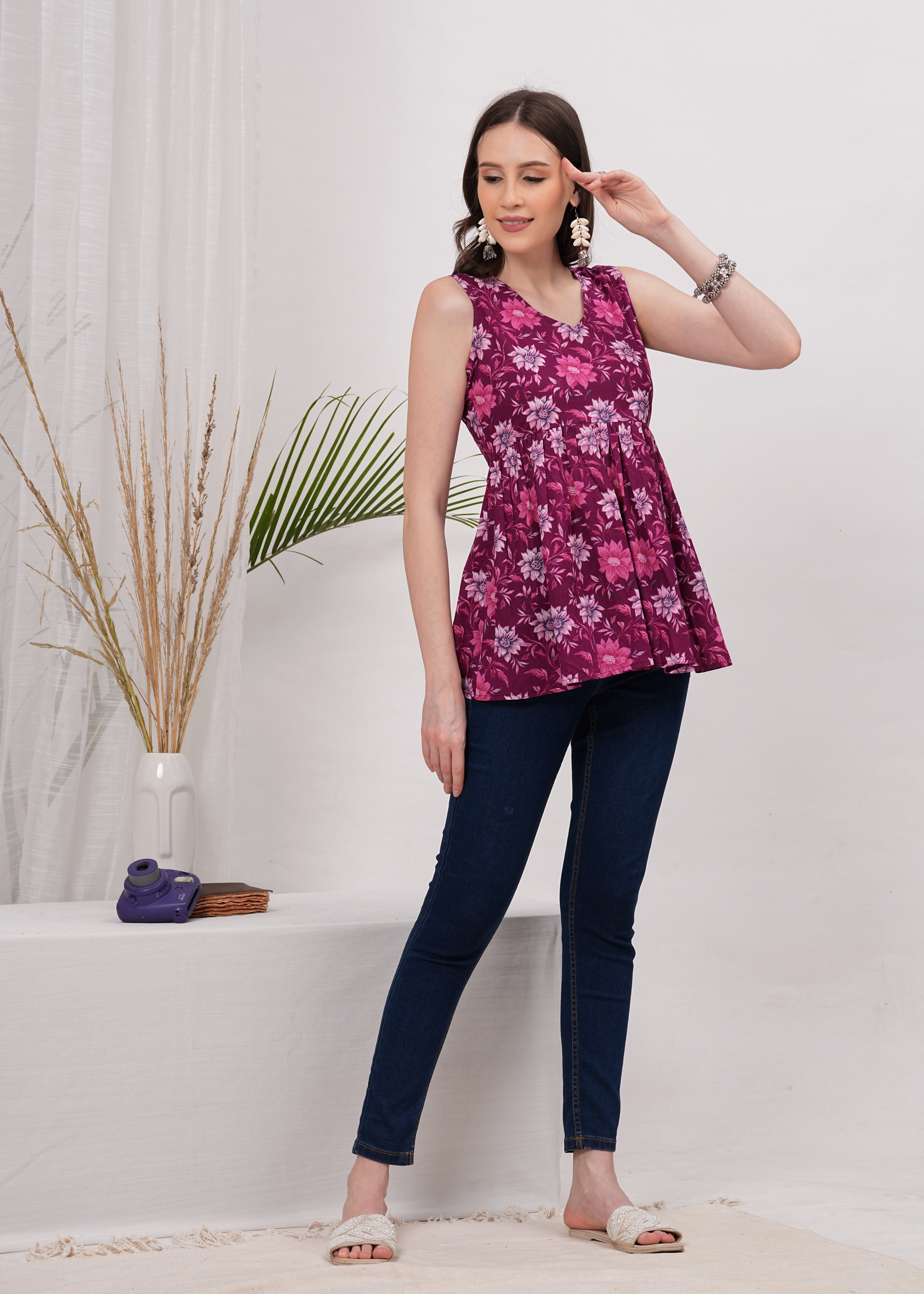 Royal Garden Sleeveless Cotton Top – A Striking Blend Of Dark Maroon And Purple Floral Prints
