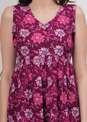 Royal Garden Sleeveless Cotton Top – A Striking Blend Of Dark Maroon And Purple Floral Prints