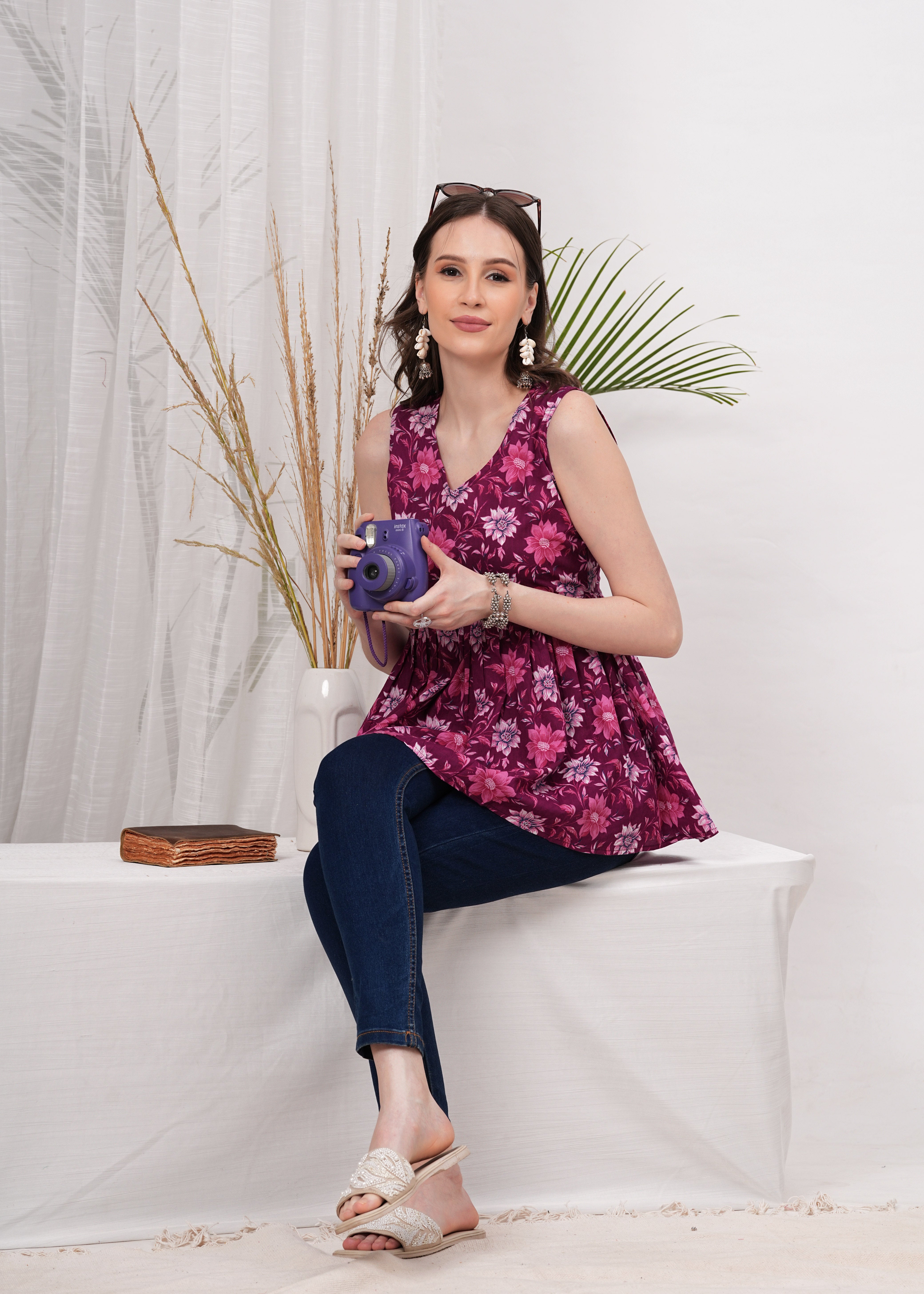 Royal Garden Sleeveless Cotton Top – A Striking Blend Of Dark Maroon And Purple Floral Prints
