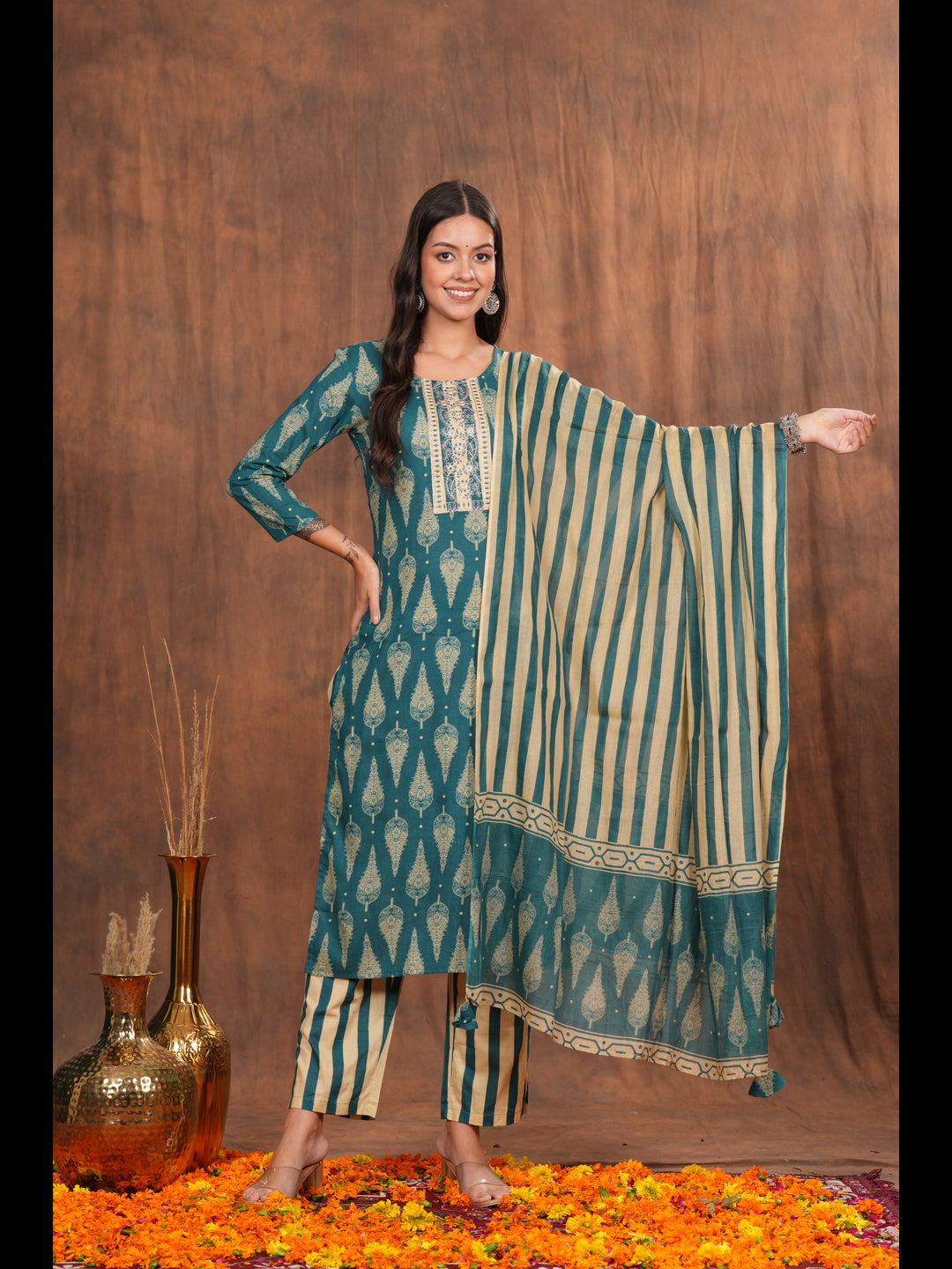 Embrace timeless elegance with our Green Embroidered Kurta Pant Dupatta Set, a perfect ensemble for festive occasions, weddings, and traditional gatherings