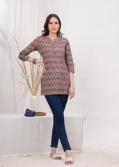 Elegant Beige and Brown  Block Print Cotton Short Kurti -Earthy Tone with Timeless Charm