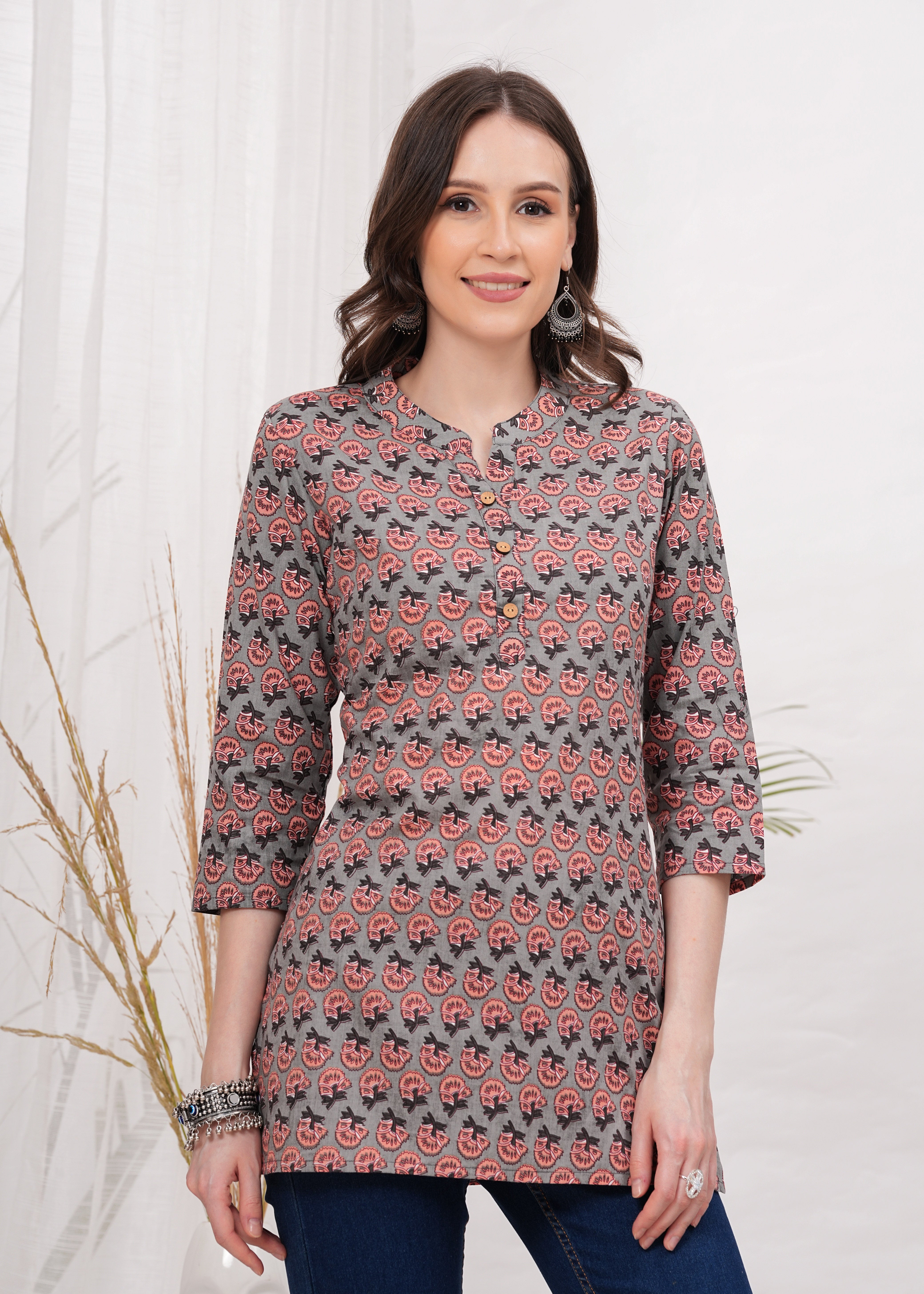 Elegant Beige and Brown  Block Print Cotton Short Kurti -Earthy Tone with Timeless Charm