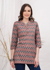 Elegant Beige and Brown  Block Print Cotton Short Kurti -Earthy Tone with Timeless Charm