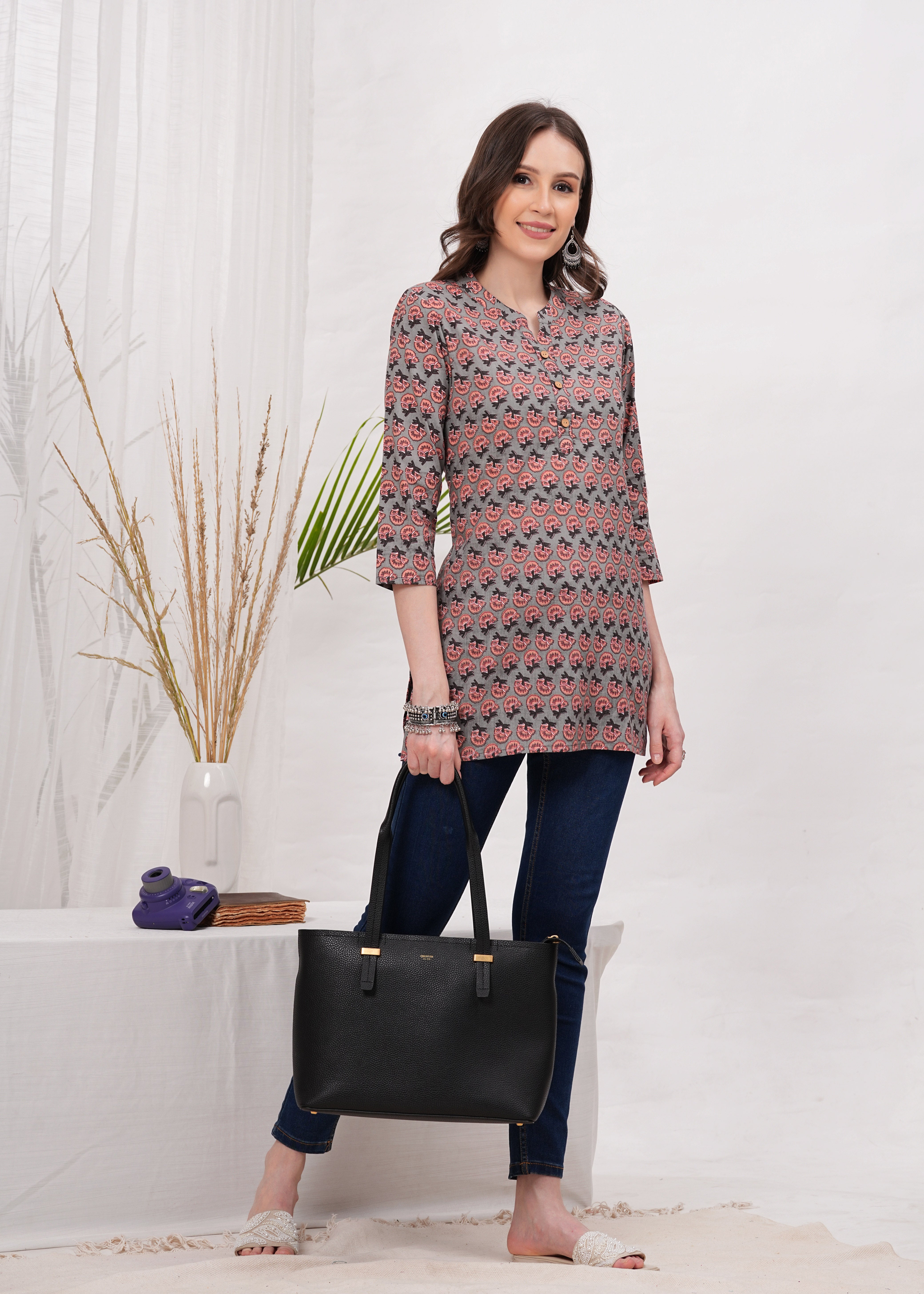 Elegant Beige and Brown  Block Print Cotton Short Kurti -Earthy Tone with Timeless Charm