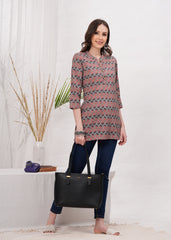 Elegant Beige and Brown  Block Print Cotton Short Kurti -Earthy Tone with Timeless Charm