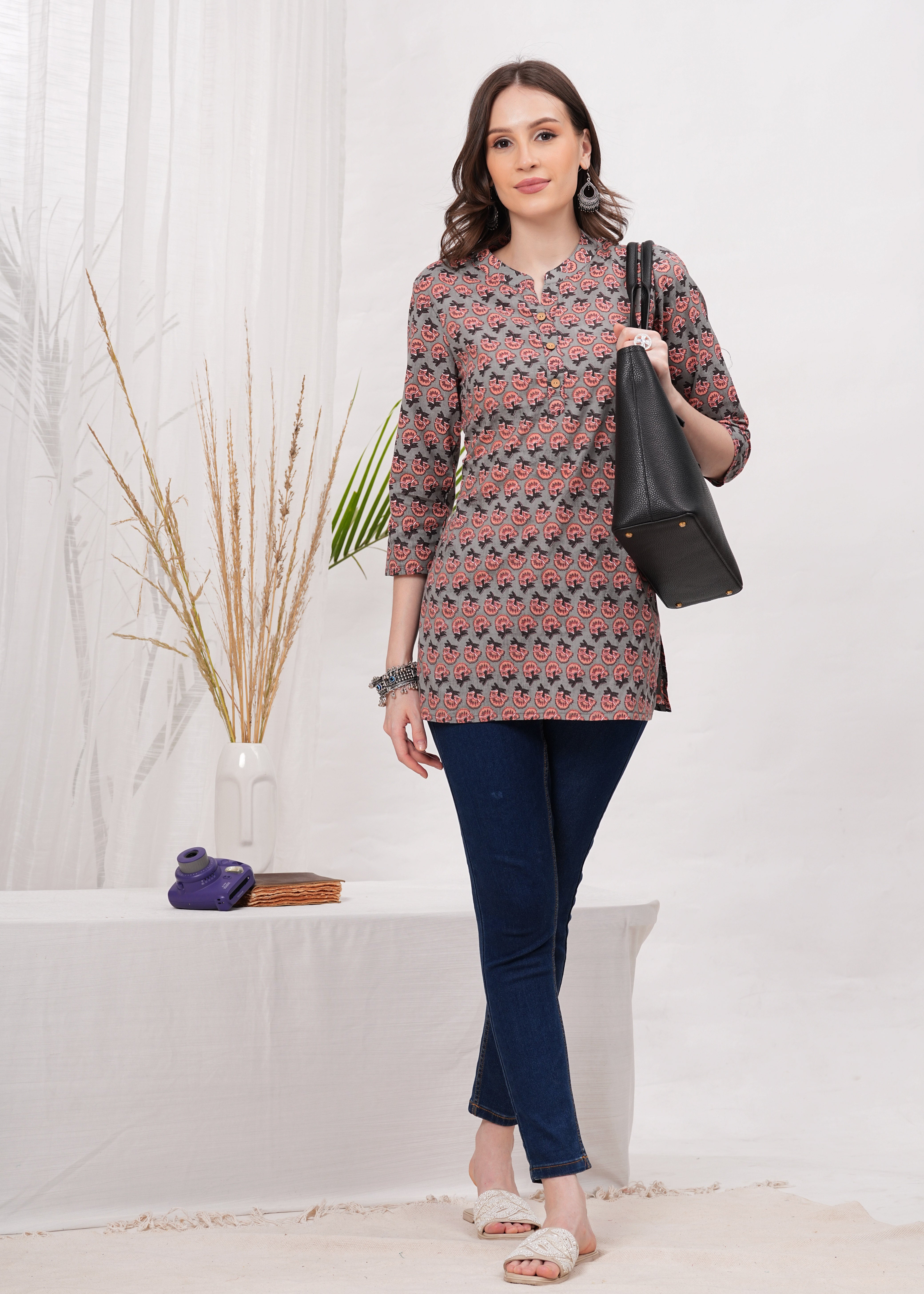 Elegant Beige and Brown  Block Print Cotton Short Kurti -Earthy Tone with Timeless Charm