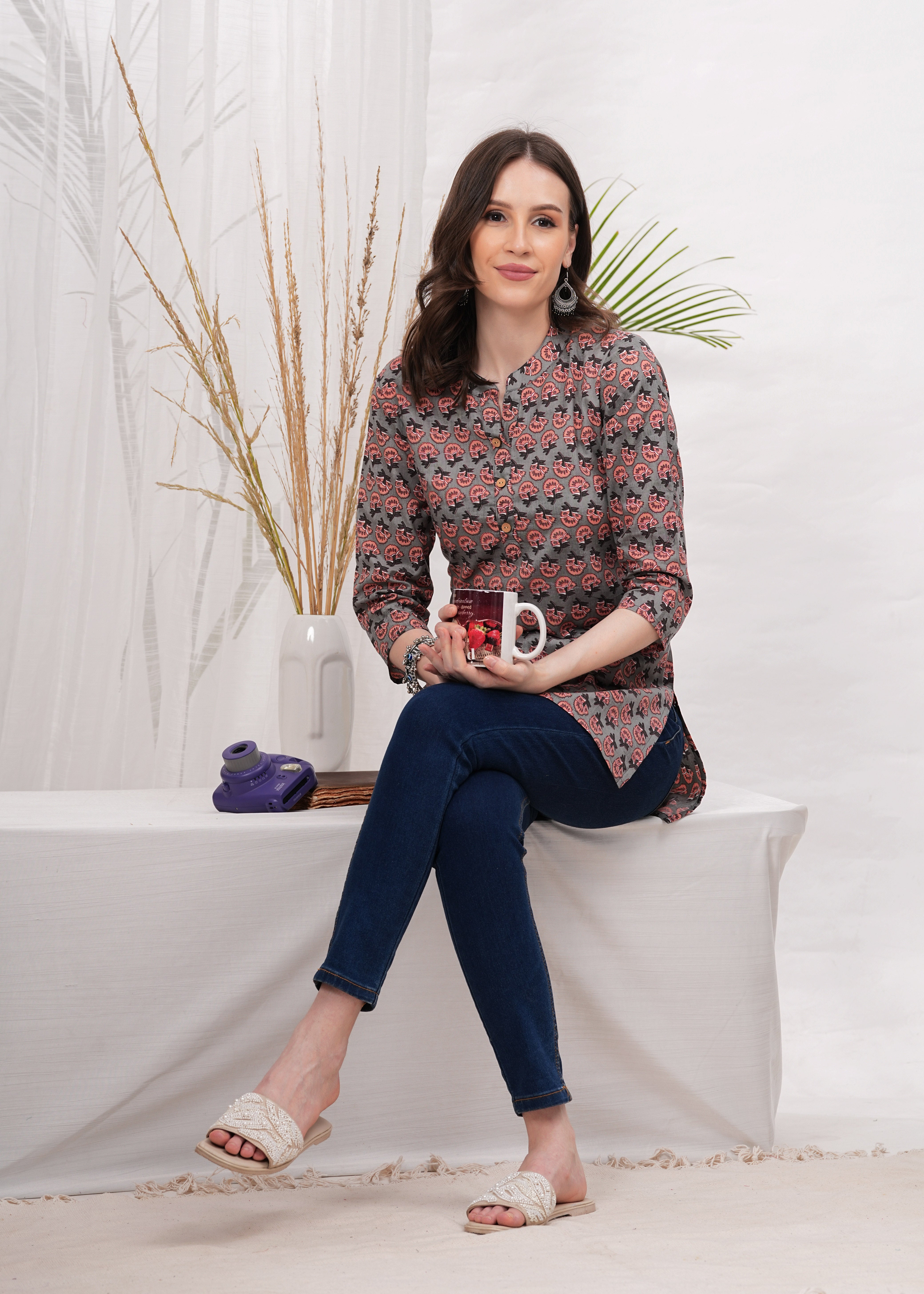 Elegant Beige and Brown  Block Print Cotton Short Kurti -Earthy Tone with Timeless Charm