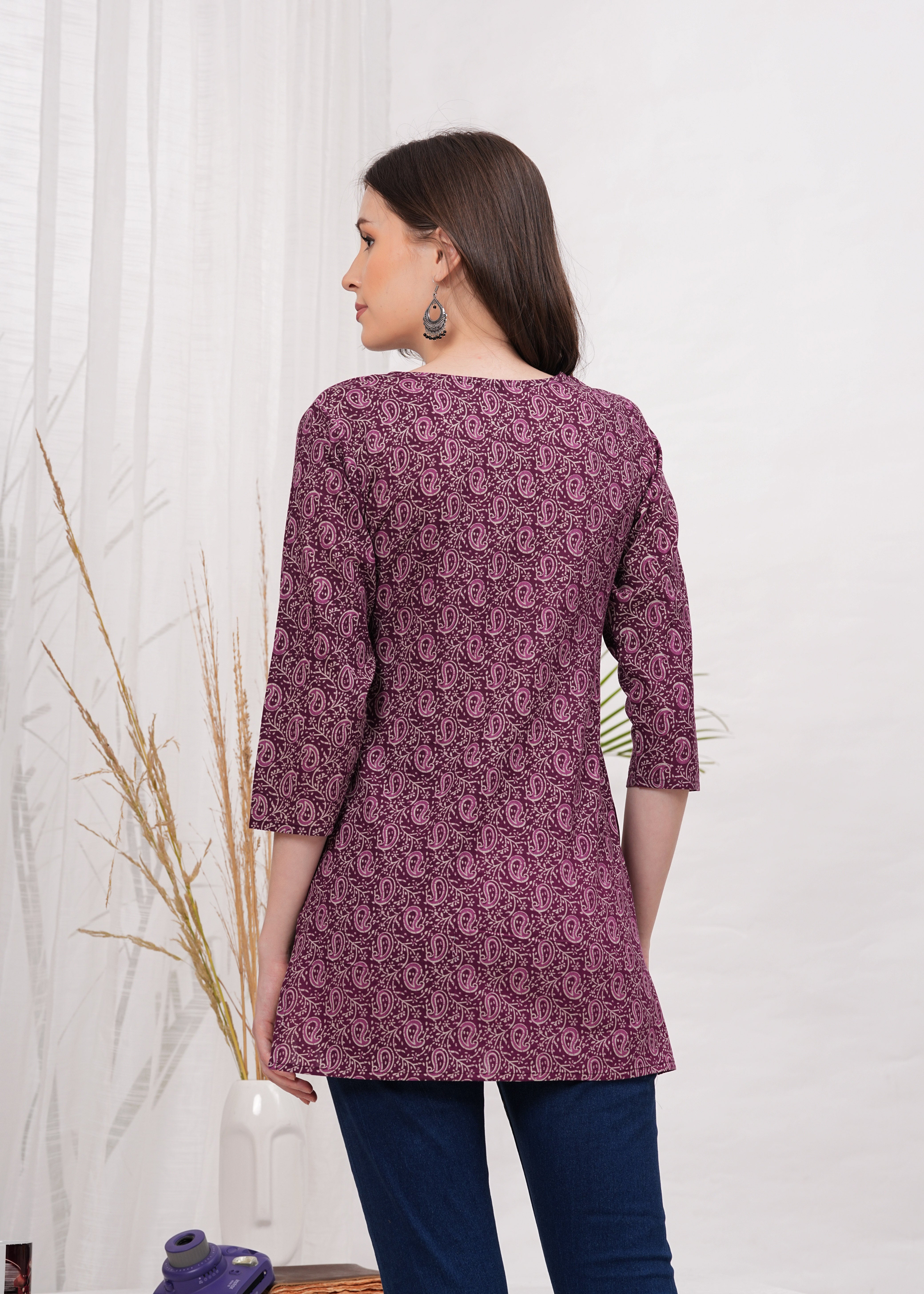 Rich Maroon  Block print Notch Neck Line Cotton Short Kurti- Bold Elegance for Sophisticated Look
