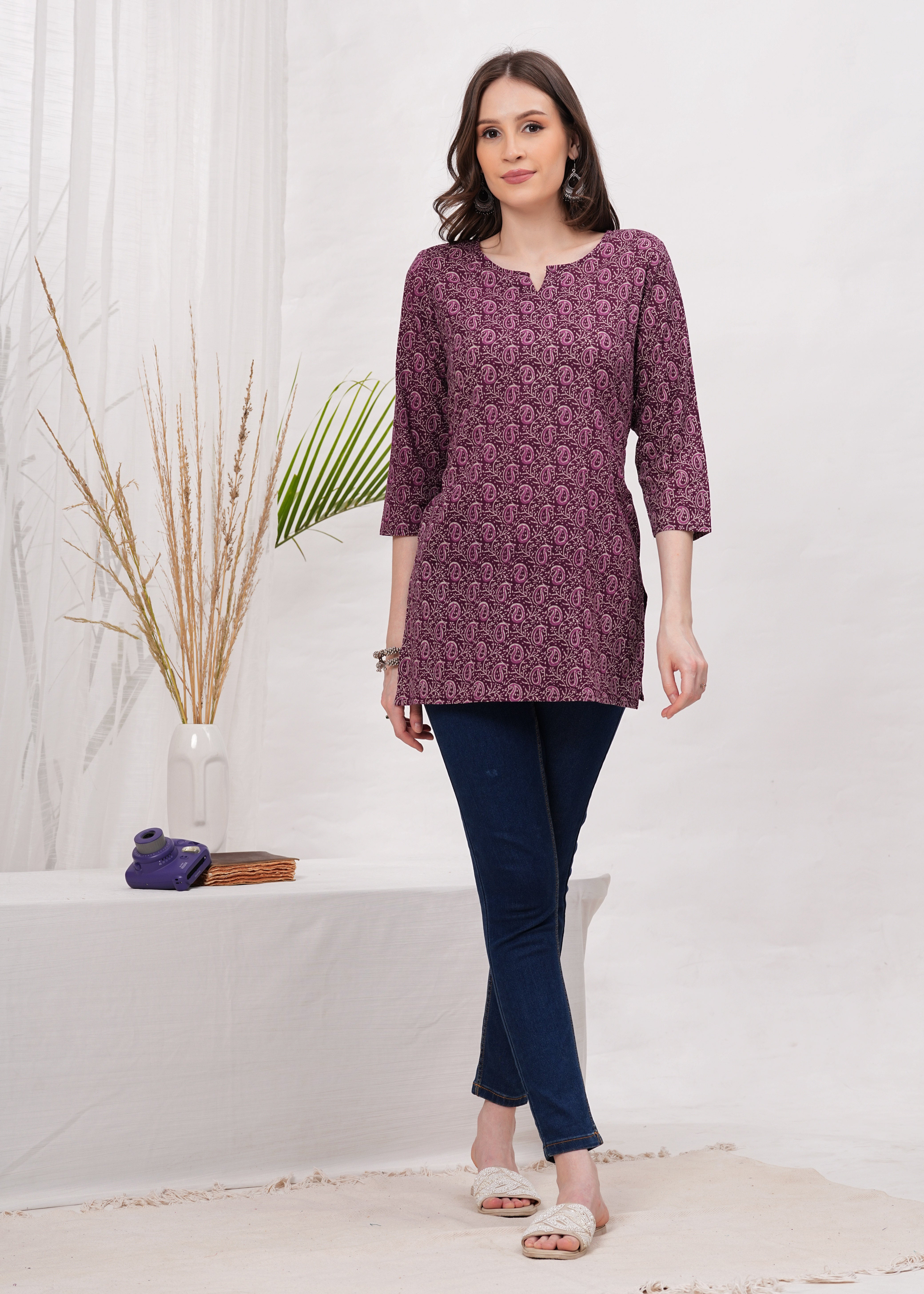 Rich Maroon  Block print Notch Neck Line Cotton Short Kurti- Bold Elegance for Sophisticated Look