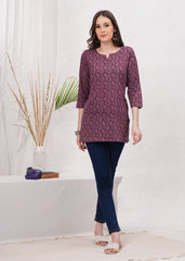 Rich Maroon  Block print Notch Neck Line Cotton Short Kurti- Bold Elegance for Sophisticated Look