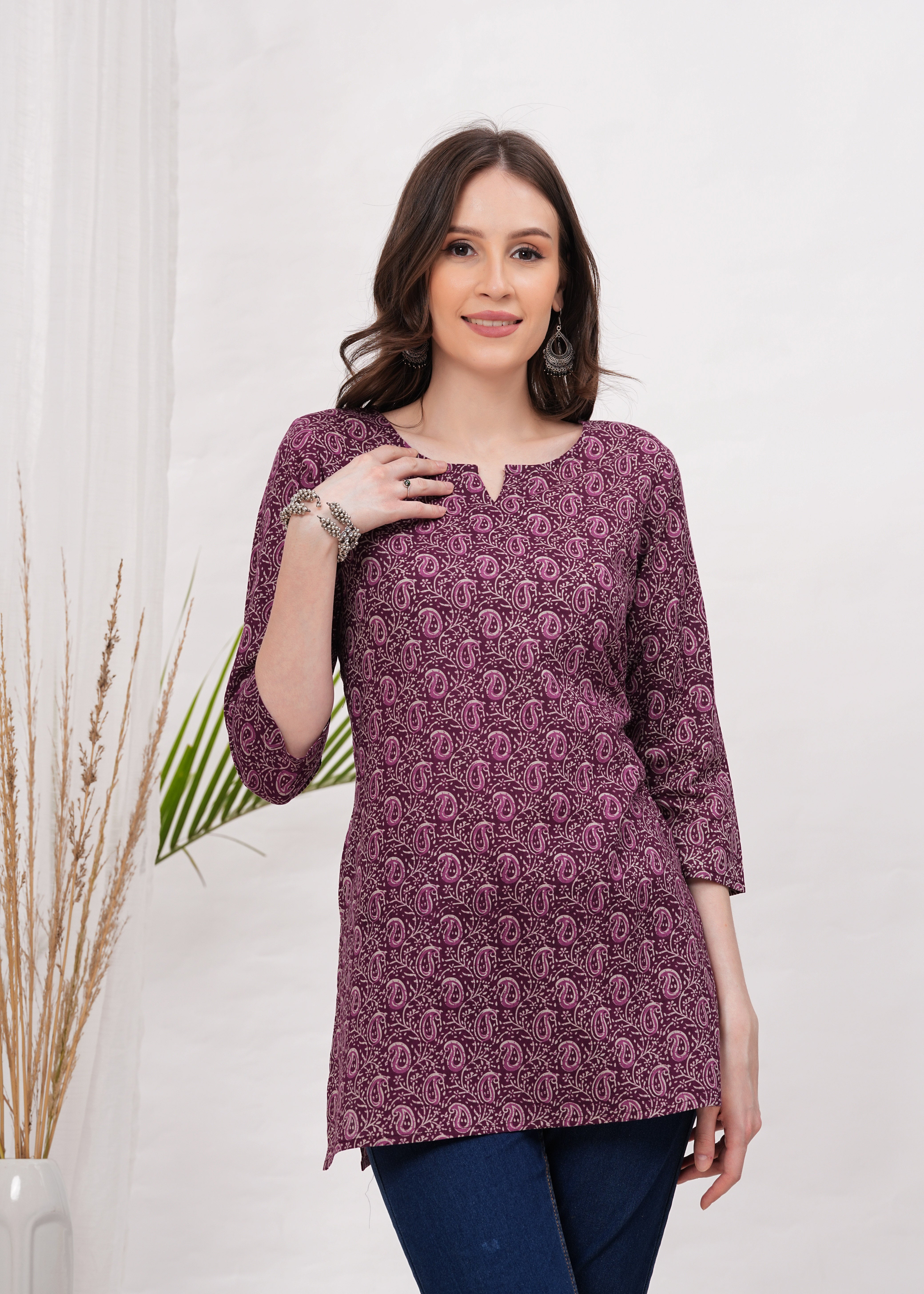 Rich Maroon  Block print Notch Neck Line Cotton Short Kurti- Bold Elegance for Sophisticated Look