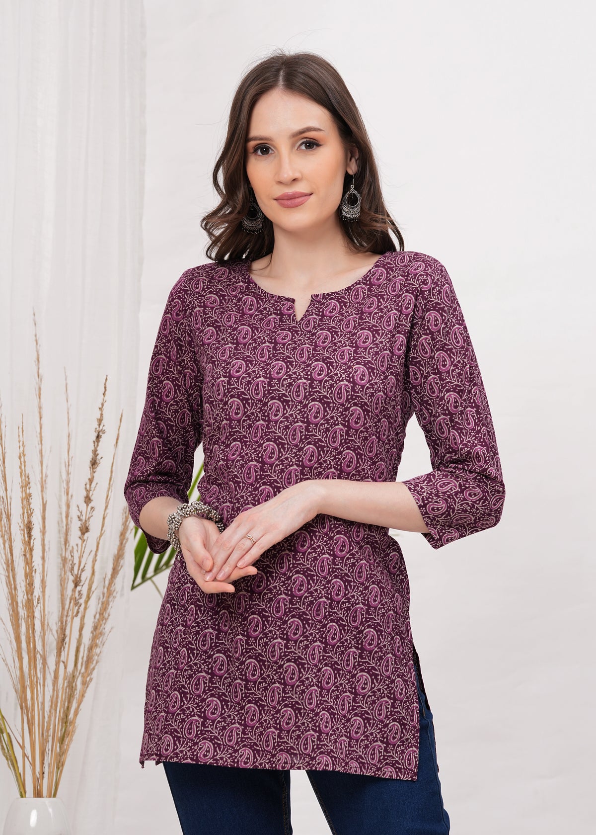 Rich Maroon  Block print Notch Neck Line Cotton Short Kurti- Bold Elegance for Sophisticated Look