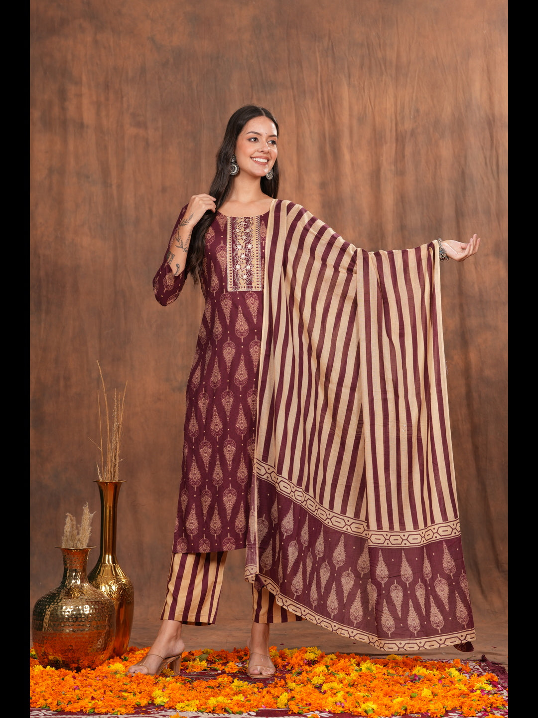 Regal Maroon Kurta Pant Dupatta Set, a perfect blend of traditional artistry and modern sophistication