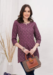 Rich Maroon  Block print Notch Neck Line Cotton Short Kurti- Bold Elegance for Sophisticated Look