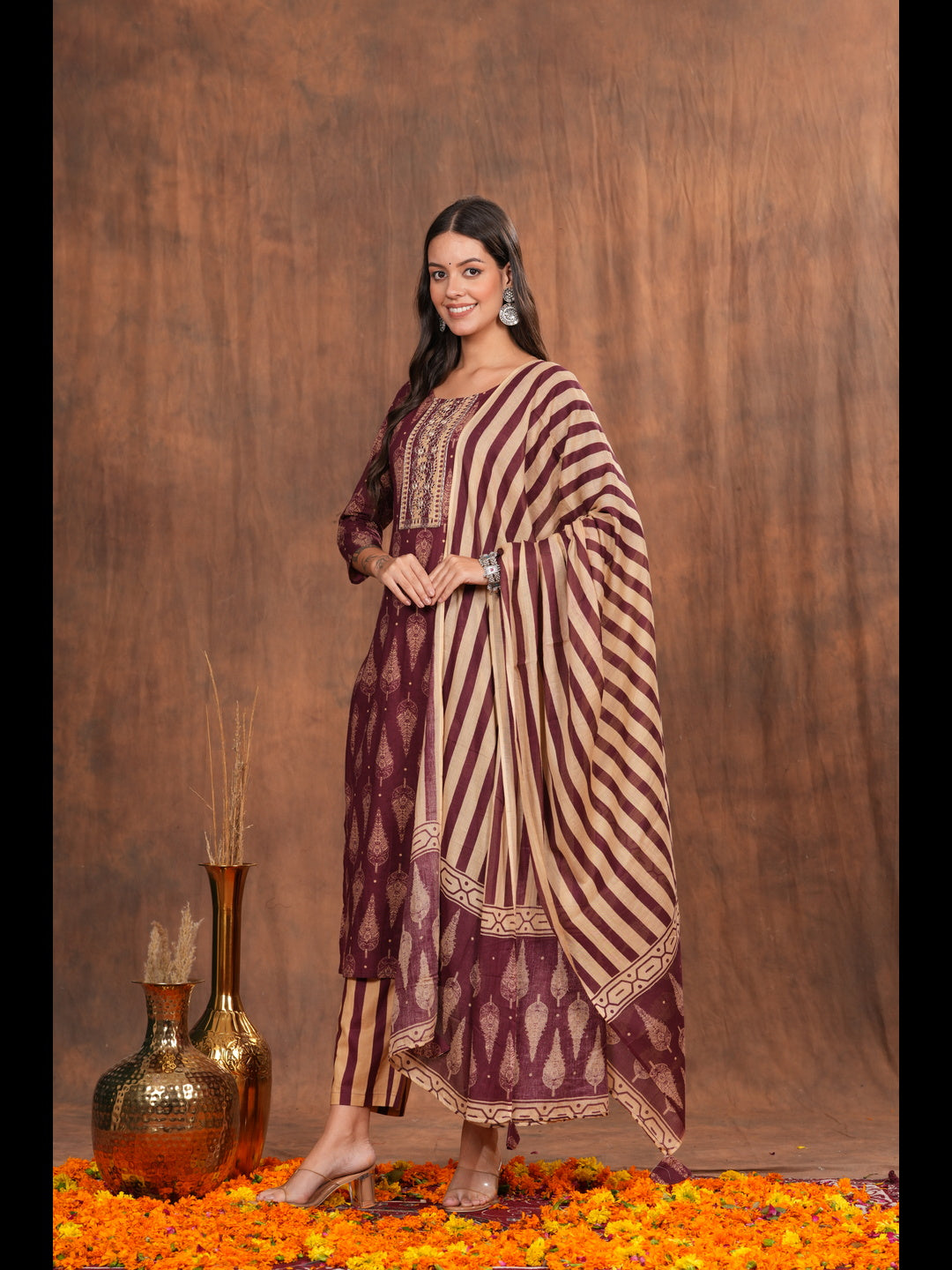 Regal Maroon Kurta Pant Dupatta Set, a perfect blend of traditional artistry and modern sophistication