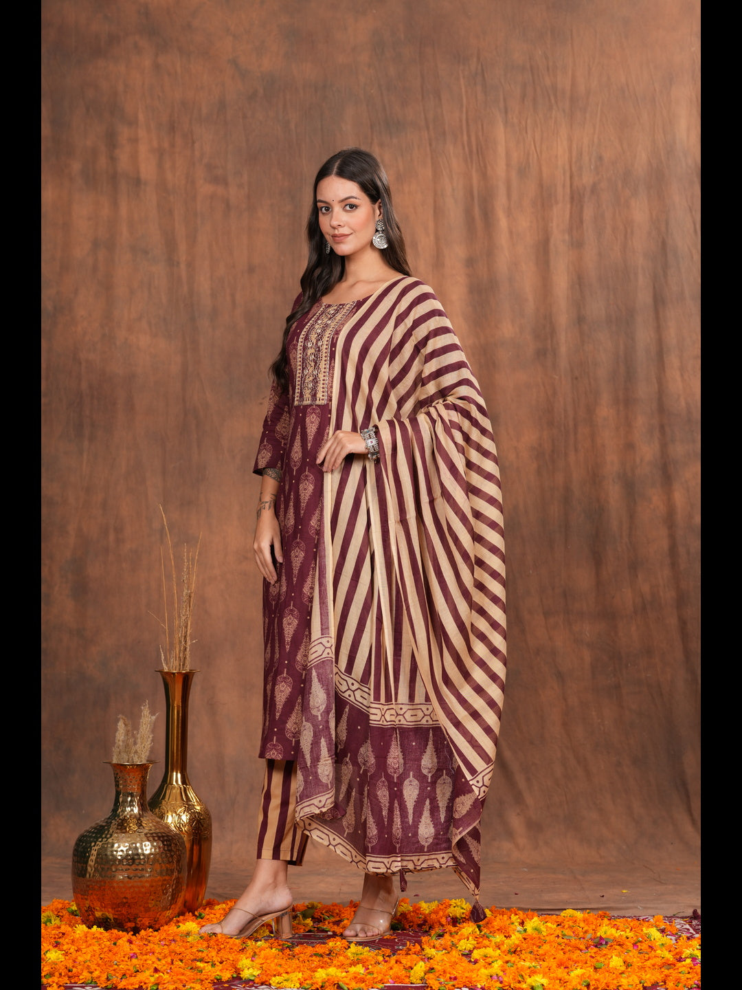 Regal Maroon Kurta Pant Dupatta Set, a perfect blend of traditional artistry and modern sophistication