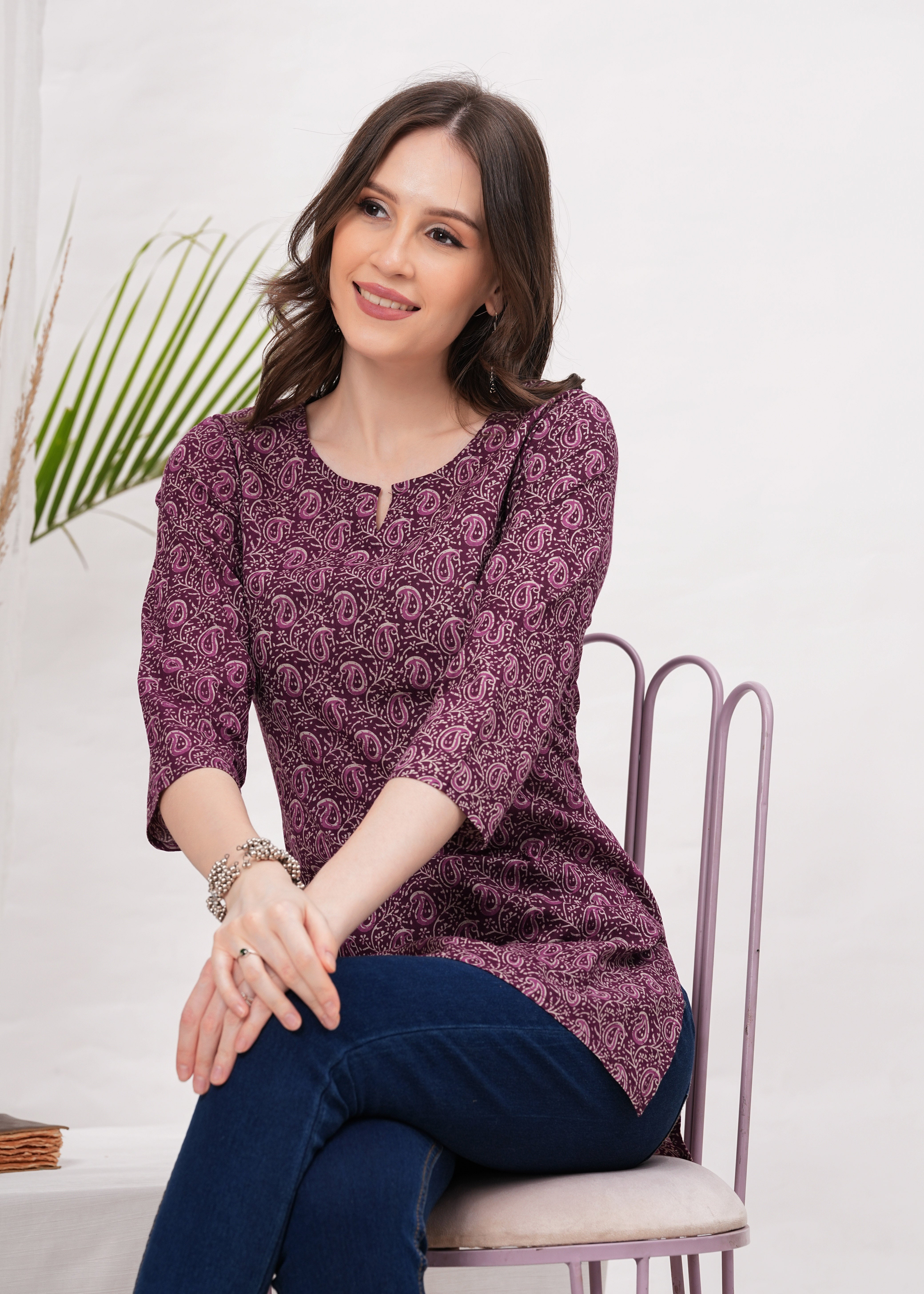 Rich Maroon  Block print Notch Neck Line Cotton Short Kurti- Bold Elegance for Sophisticated Look