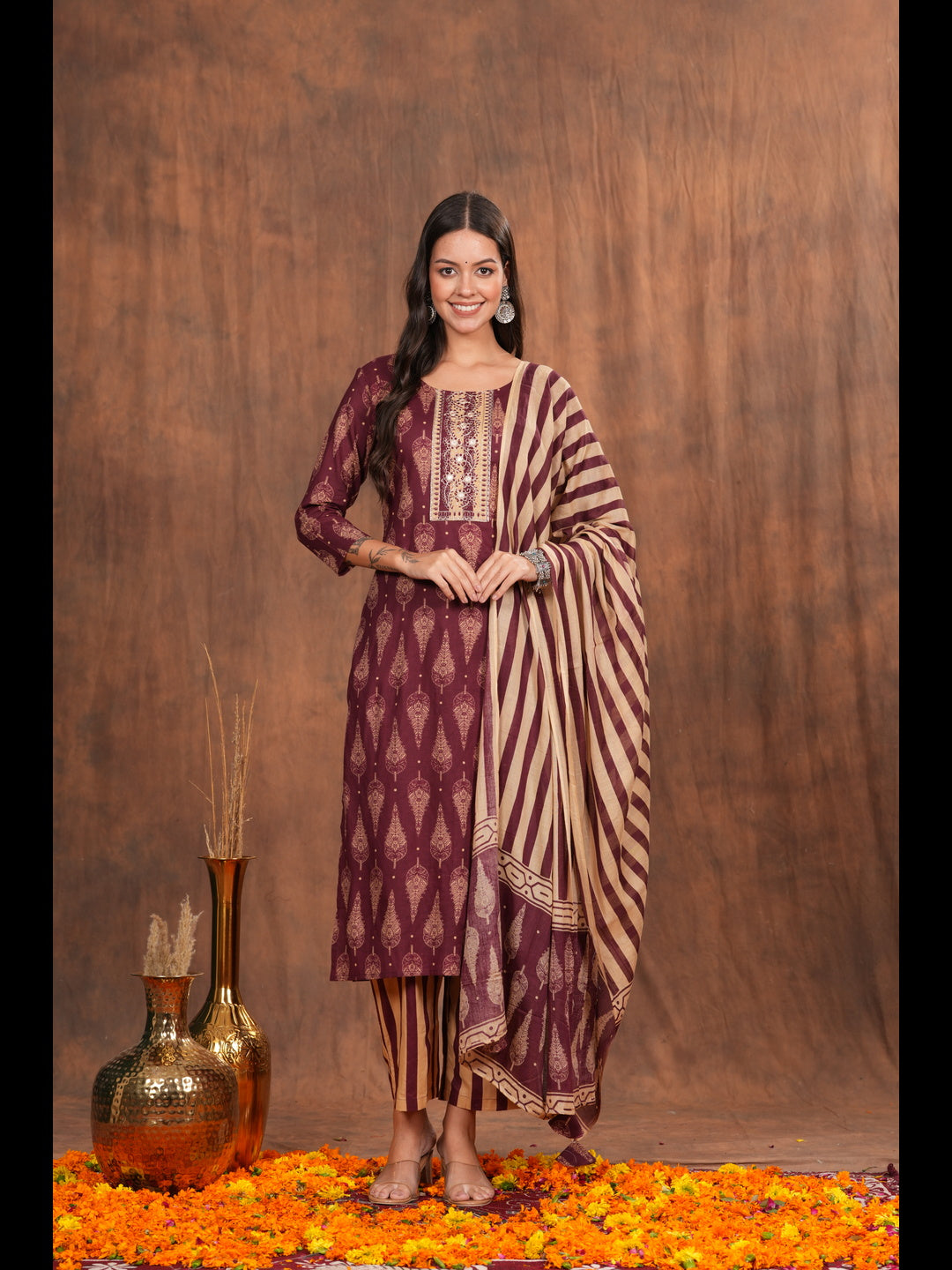 Regal Maroon Kurta Pant Dupatta Set, a perfect blend of traditional artistry and modern sophistication