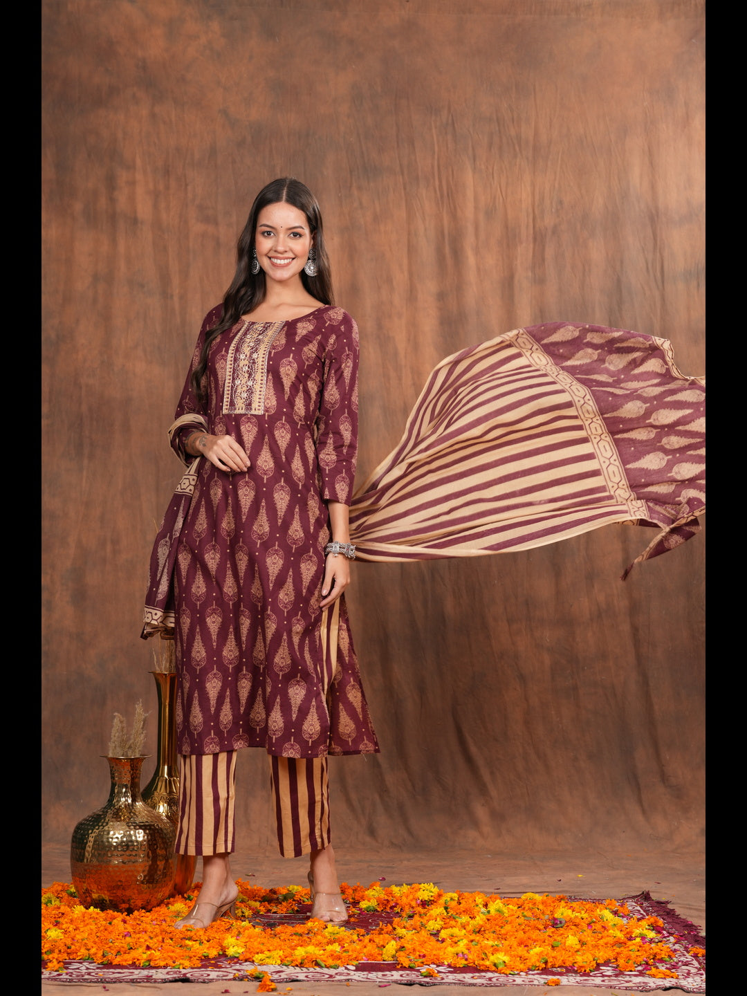 Regal Maroon Kurta Pant Dupatta Set, a perfect blend of traditional artistry and modern sophistication