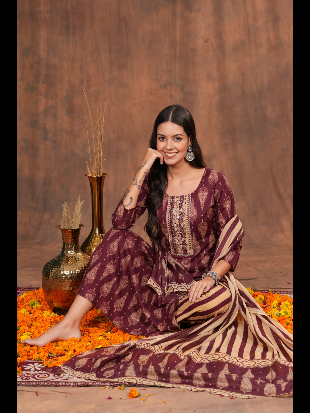 Regal Maroon Kurta Pant Dupatta Set, a perfect blend of traditional artistry and modern sophistication