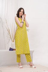 Bright and Cheerful Sleeveless Lemon Yellow Block Print Kurta Pant Set - Embrace Modern Design and Comfort for Every Occasion