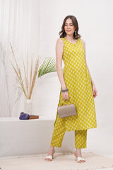Bright and Cheerful Sleeveless Lemon Yellow Block Print Kurta Pant Set - Embrace Modern Design and Comfort for Every Occasion