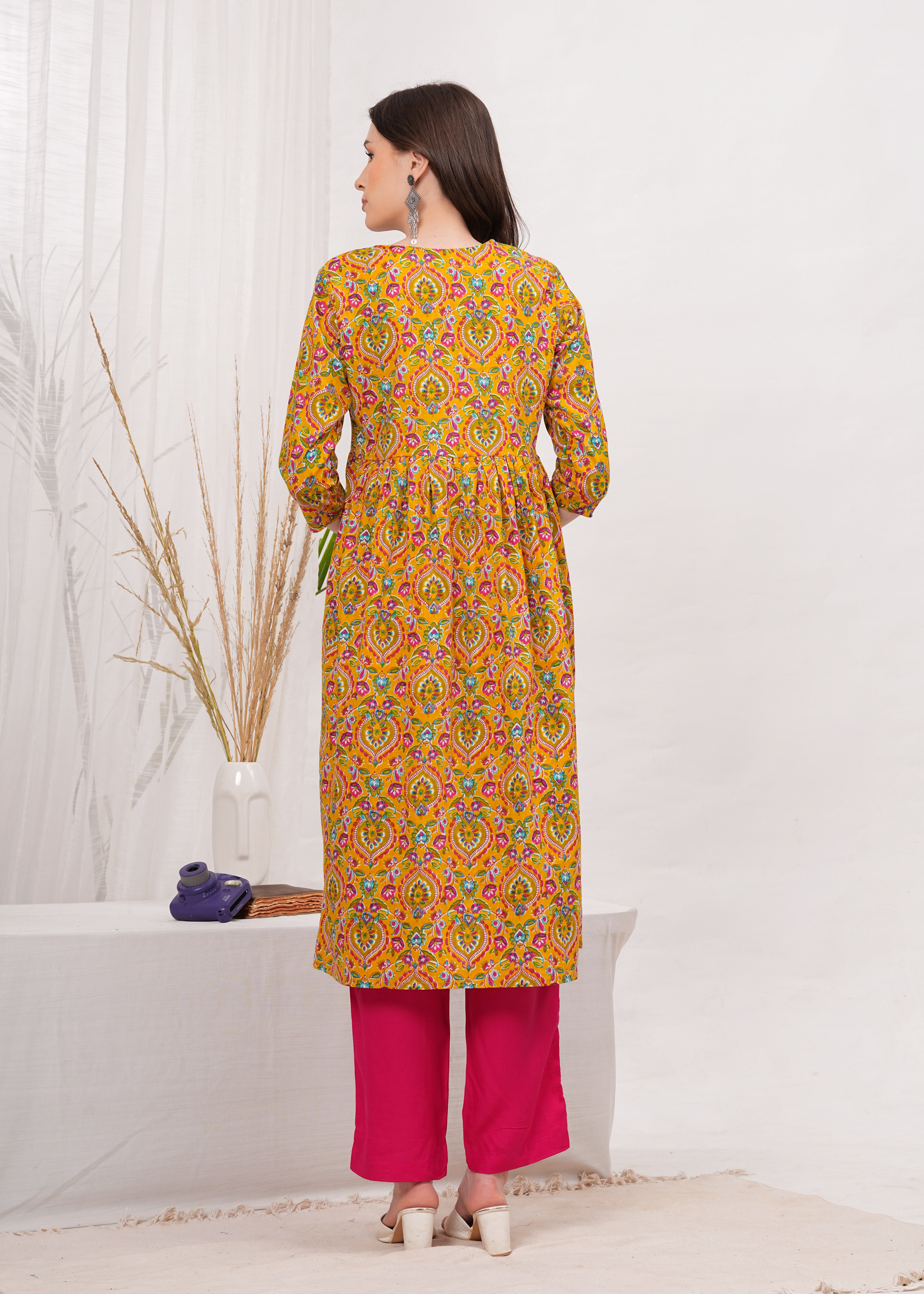 Charm of  Flared Alia Cut Mustard Printed Kurti - Perfect for Every Occasion