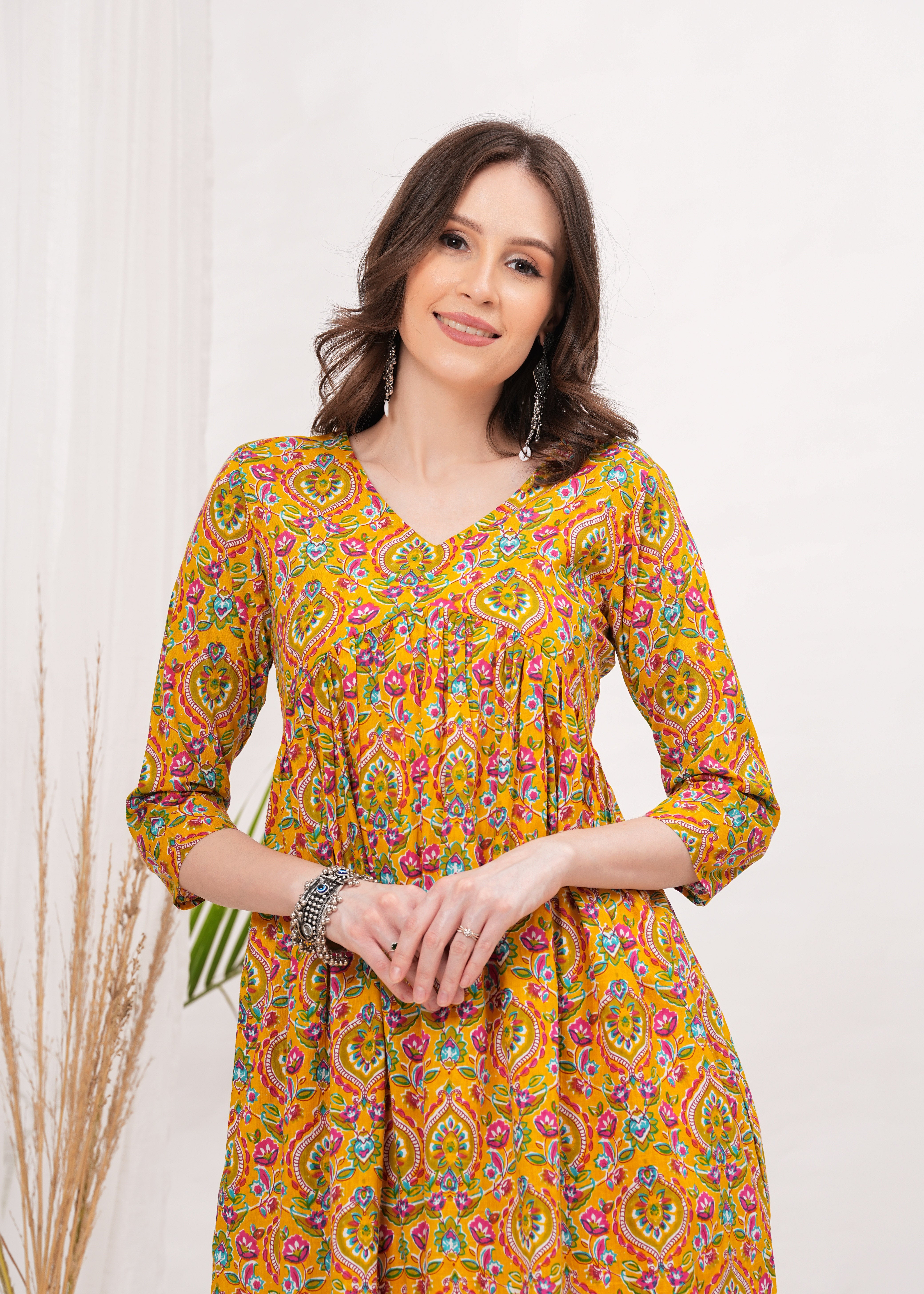 Charm of  Flared Alia Cut Mustard Printed Kurti - Perfect for Every Occasion