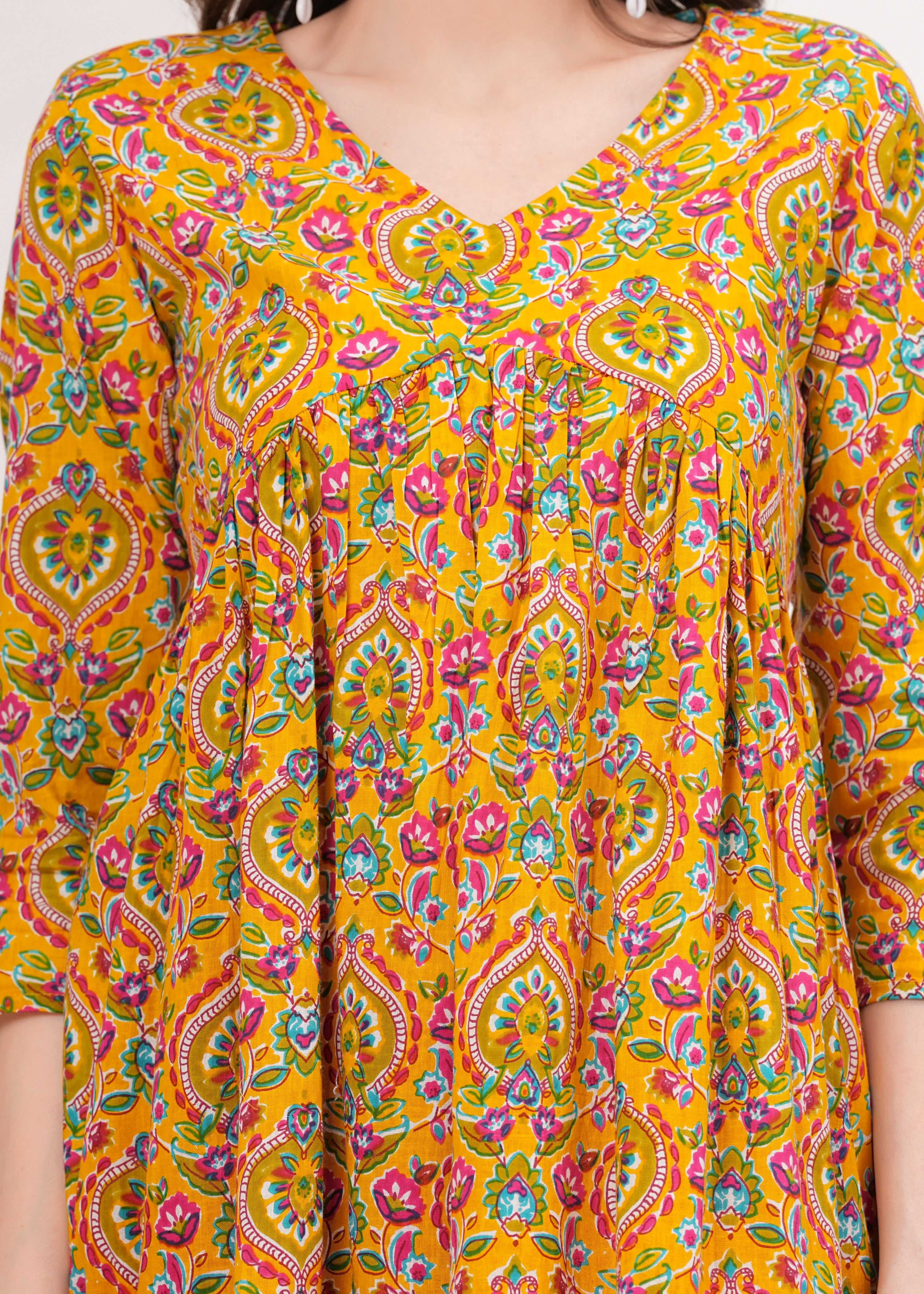 Charm of  Flared Alia Cut Mustard Printed Kurti - Perfect for Every Occasion