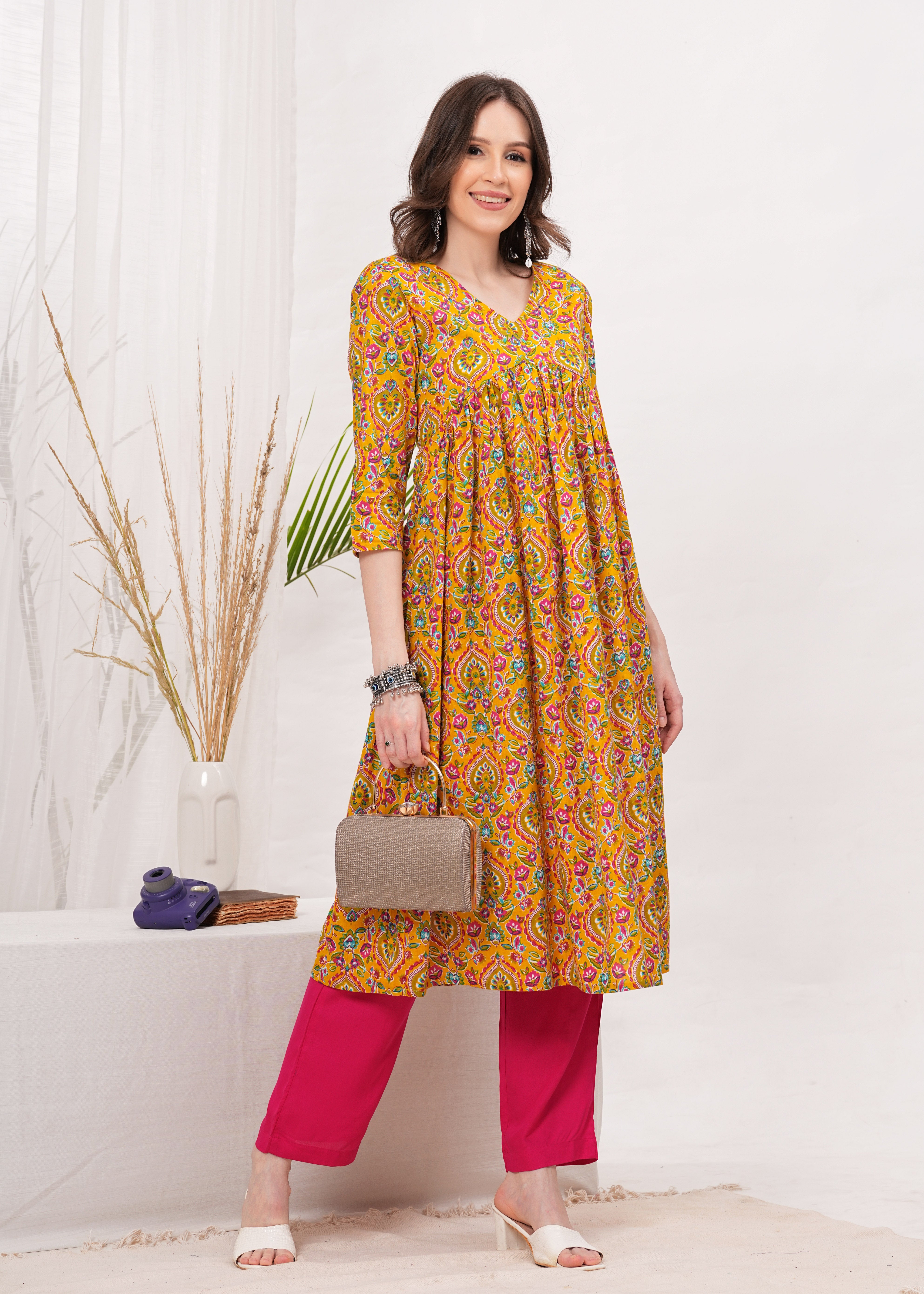 Charm of  Flared Alia Cut Mustard Printed Kurti - Perfect for Every Occasion