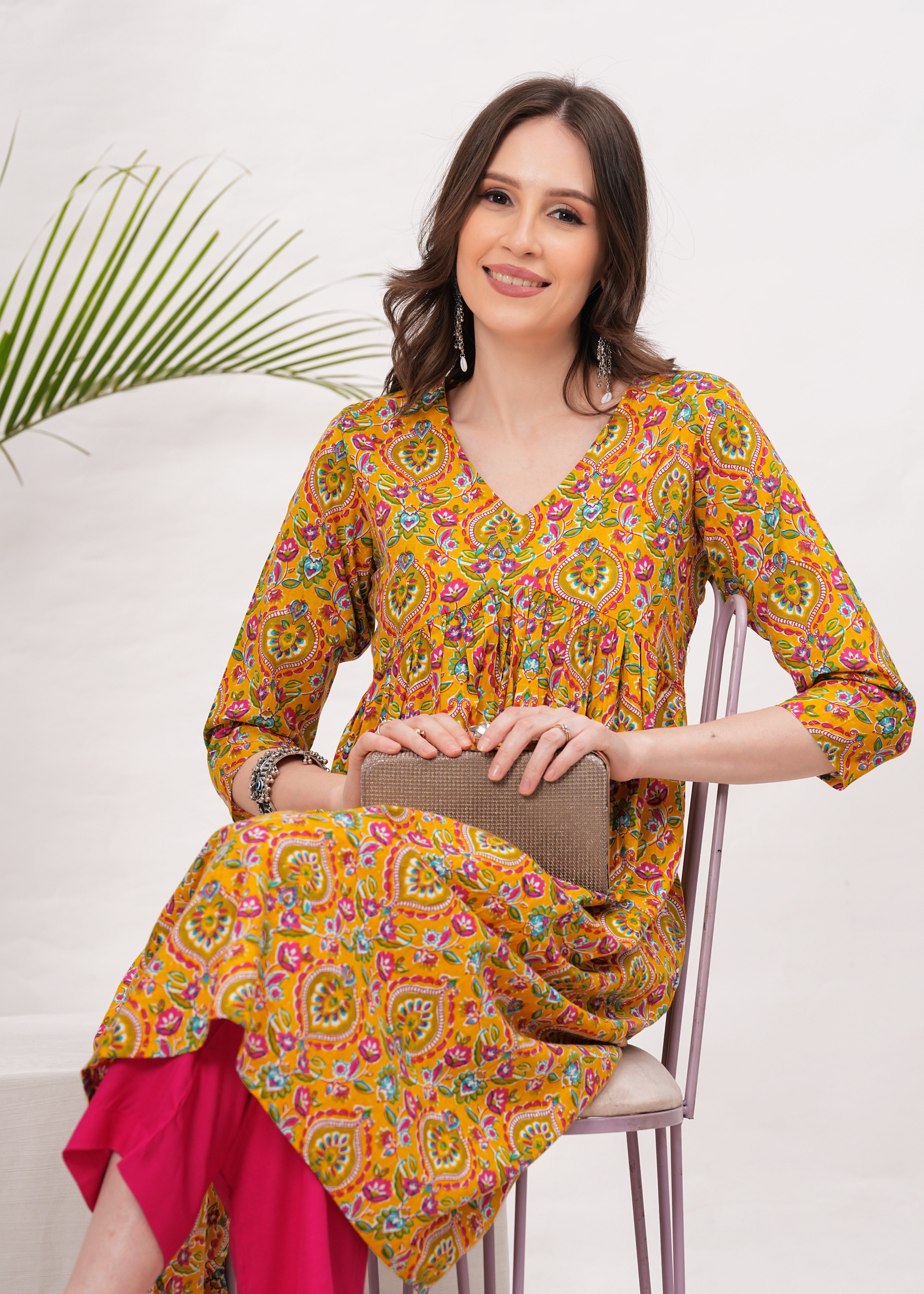 Flared Alia Cut Mustard Color Cotton Kurta with Pink Pant Kurta Set
