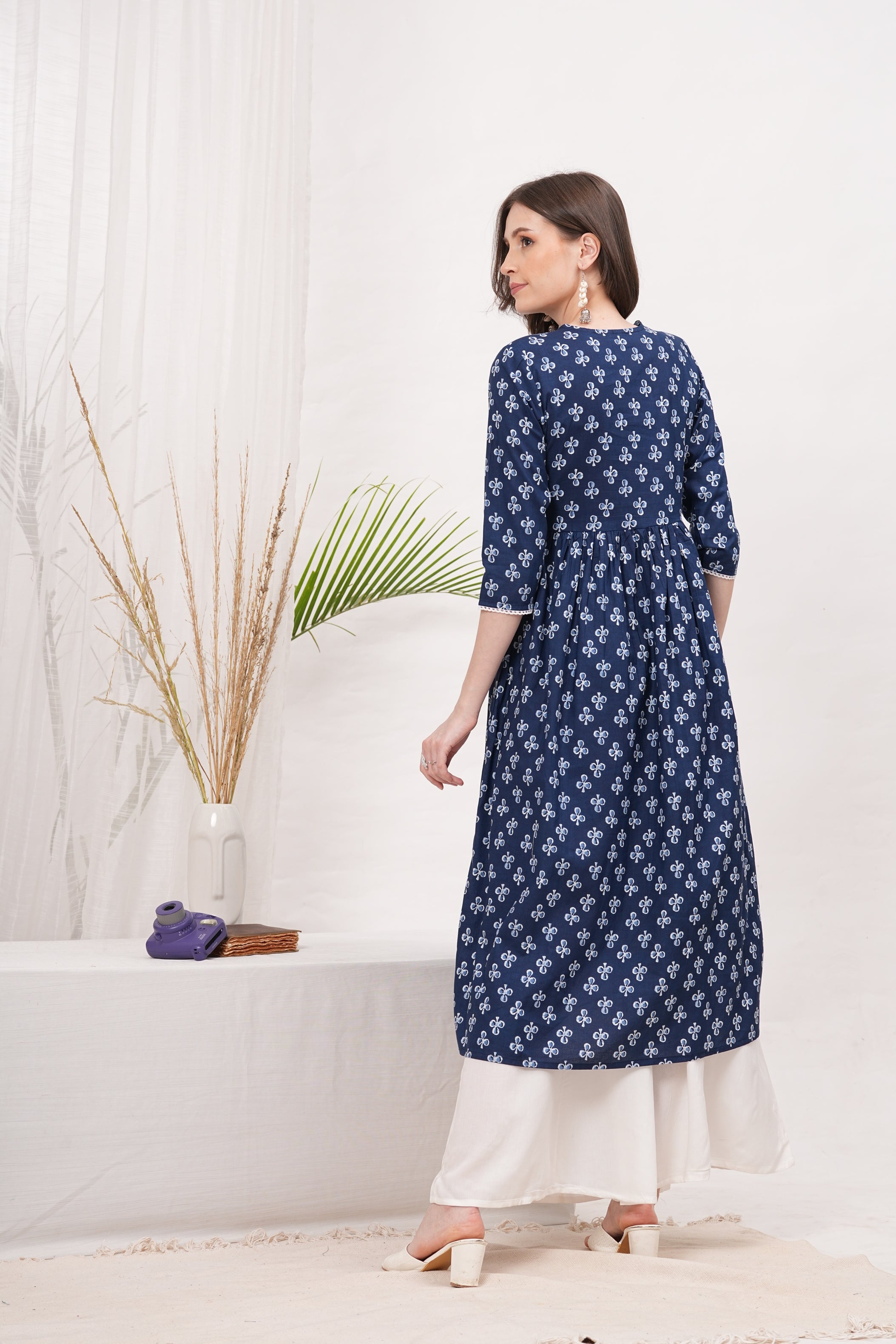 Flared Alia cut Blue cotton  Kurta with white Divider Kurta Set