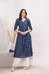 Flared Alia cut Blue cotton  Kurta with white Divider Kurta Set