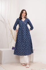 Flared Alia cut Blue cotton  Kurta with white Divider Kurta Set