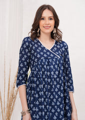Embrace The Flow with Blue Block Print Flared Kurti - Vibrant Flare  for Any Occasion