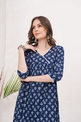 Flared Alia cut Blue cotton  Kurta with white Divider Kurta Set