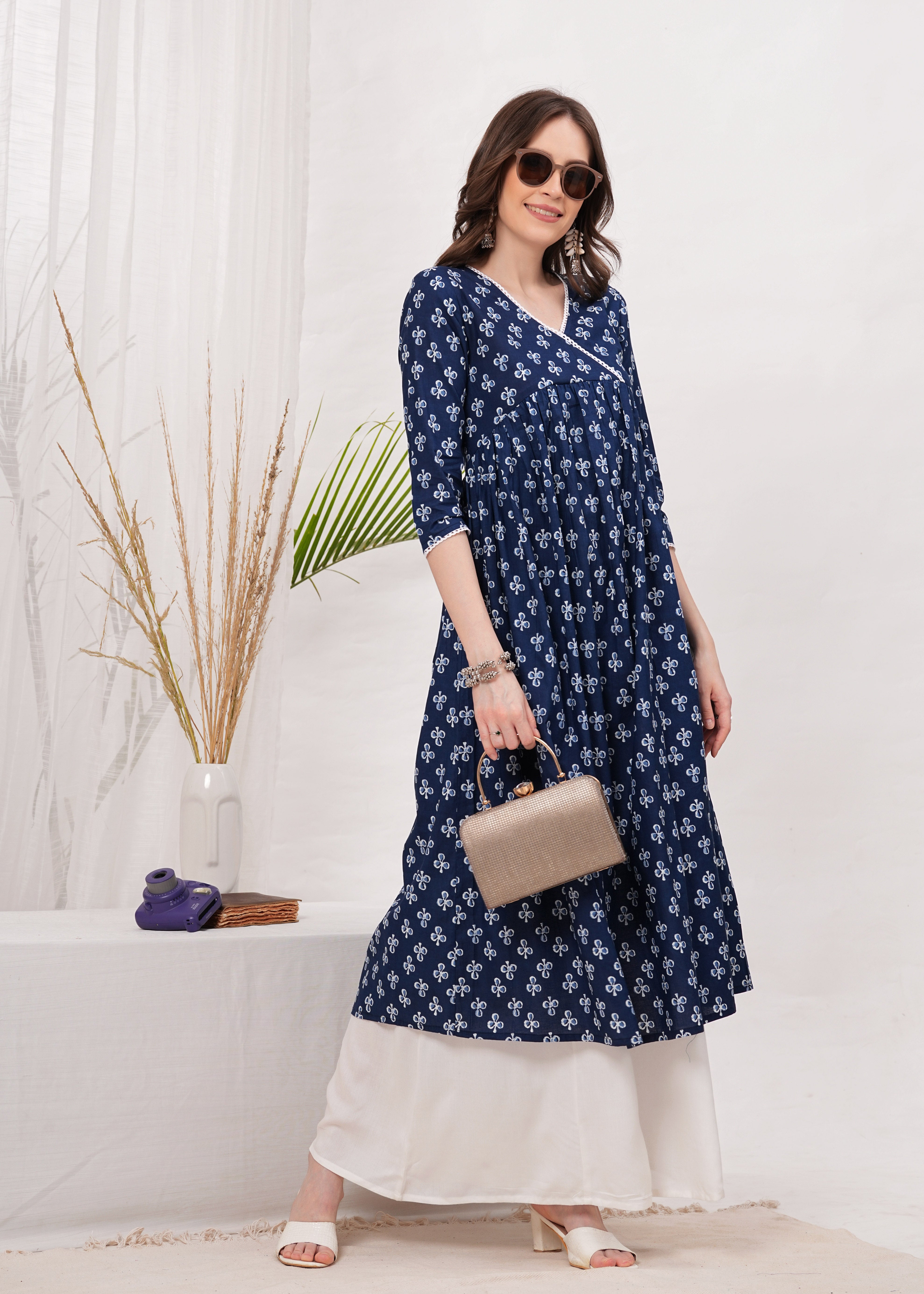 Embrace The Flow with Blue Block Print Flared Kurti - Vibrant Flare  for Any Occasion