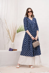 Flared Alia cut Blue cotton  Kurta with white Divider Kurta Set