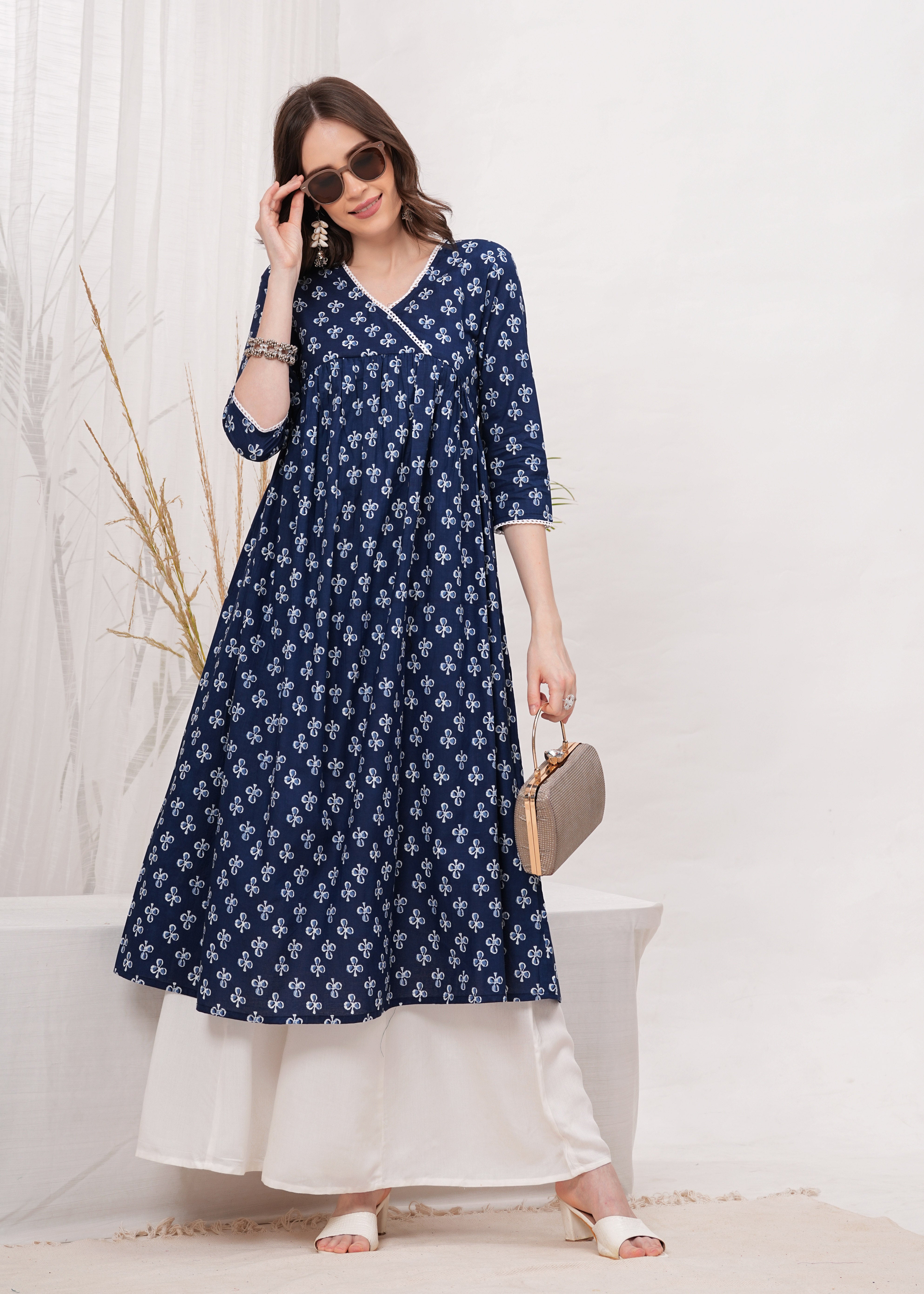 Embrace The Flow with Blue Block Print Flared Kurti - Vibrant Flare  for Any Occasion