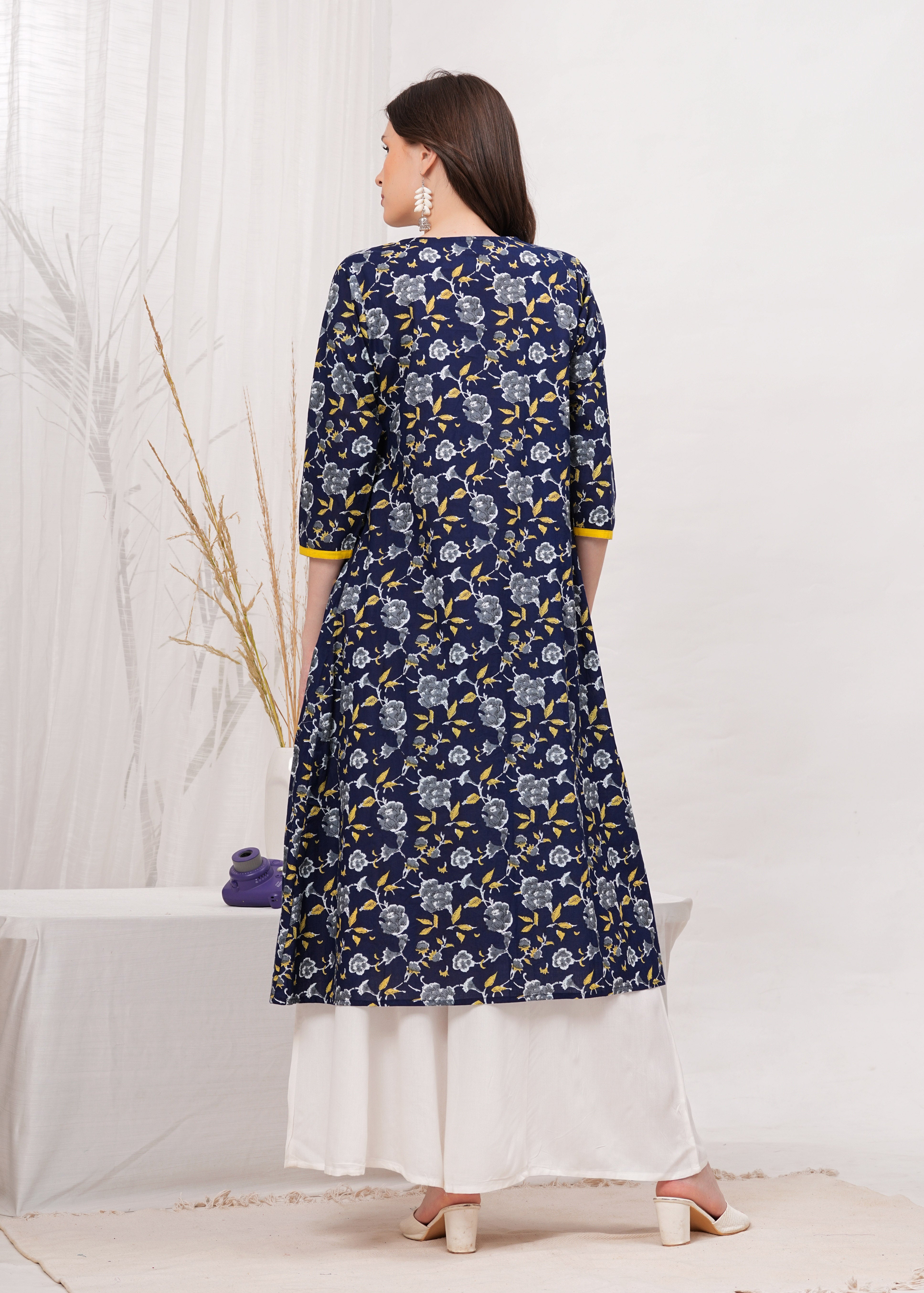 Flared Alia Cut Blue Printed Cotton Kurta With White Divider Kurta Set