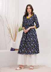 Flared Alia Cut Blue Printed Cotton Kurta With White Divider Kurta Set