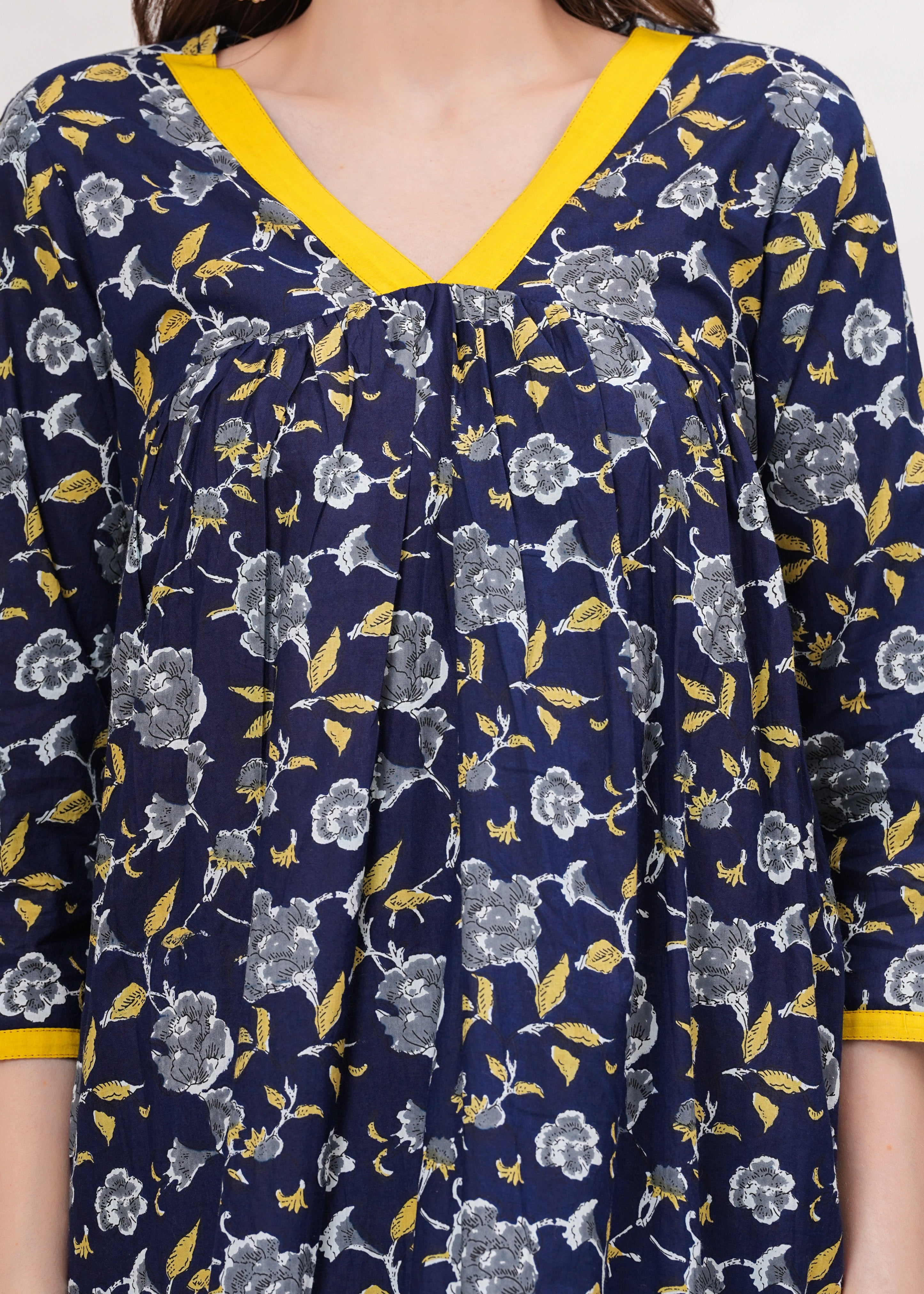 Graceful Blue Alia Cut Cotton Kurti - Long, Flared, and Printed for a Timeless Look