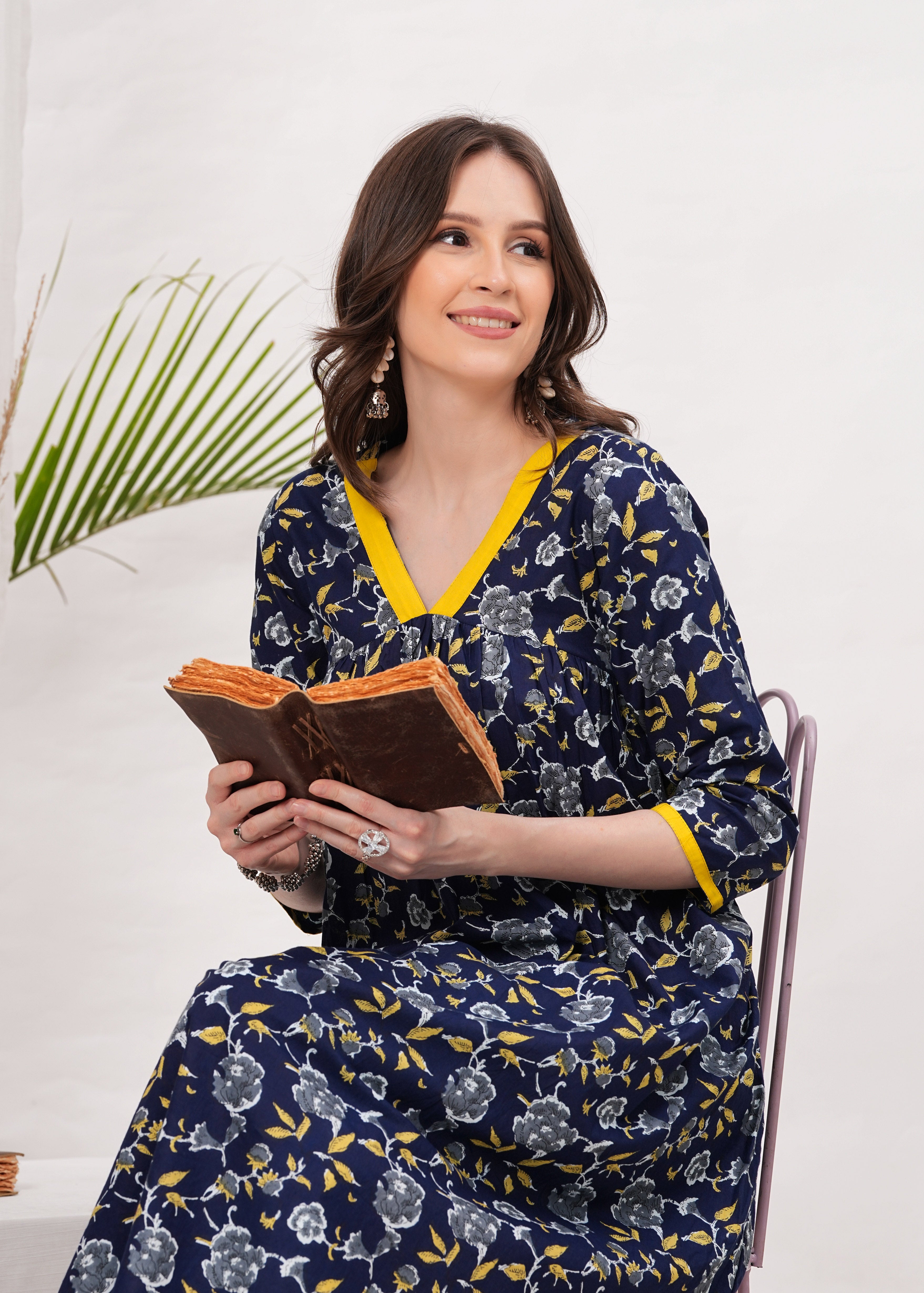 Graceful Blue Alia Cut Cotton Kurti - Long, Flared, and Printed for a Timeless Look