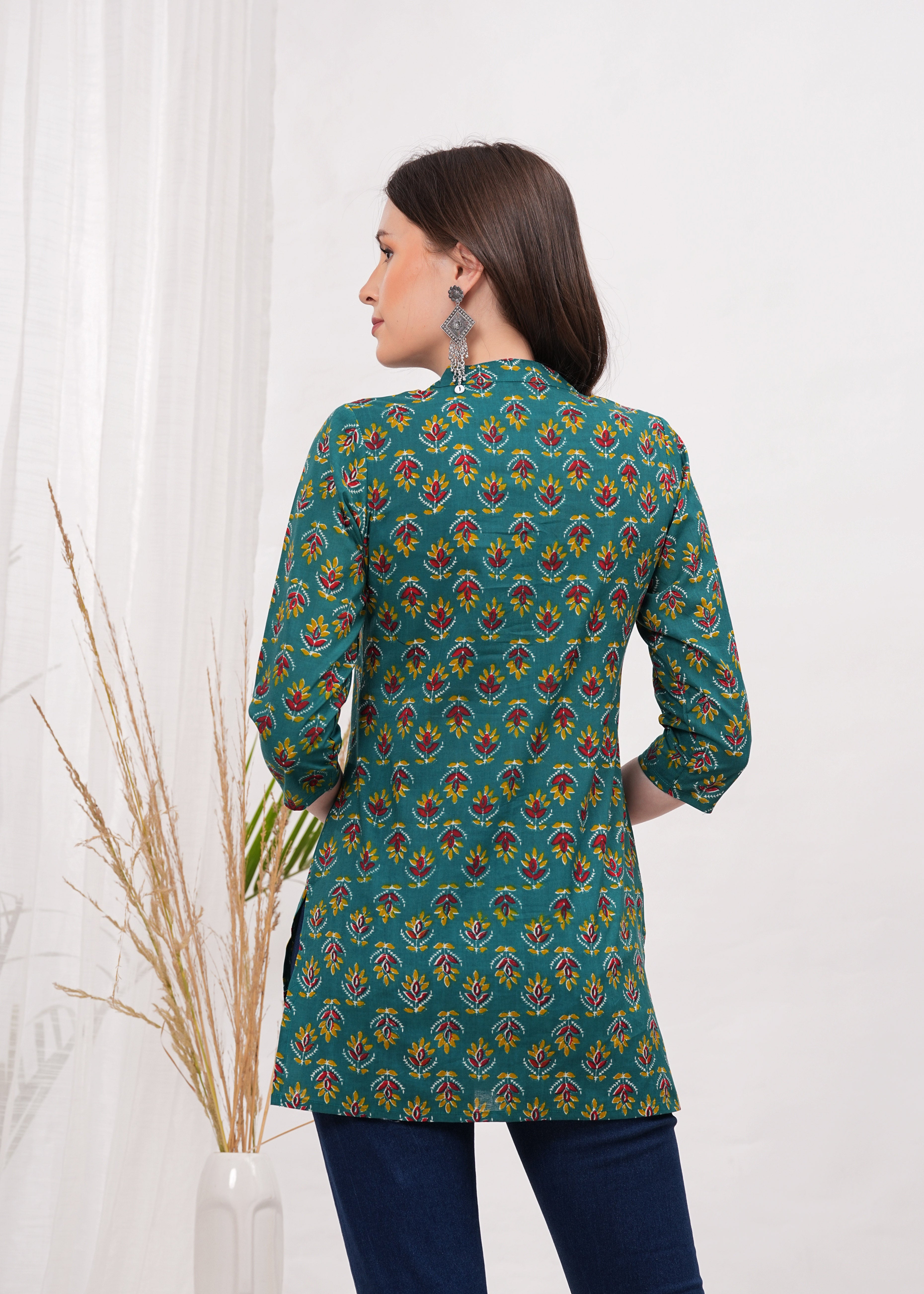 Refreshing Green Block Print Pure Cotton Stylish Short Kurti -Perfect Blend of Style and Comfort