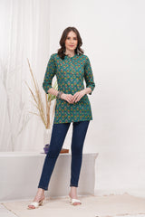 Refreshing Green Block Print Pure Cotton Stylish Short Kurti -Perfect Blend of Style and Comfort