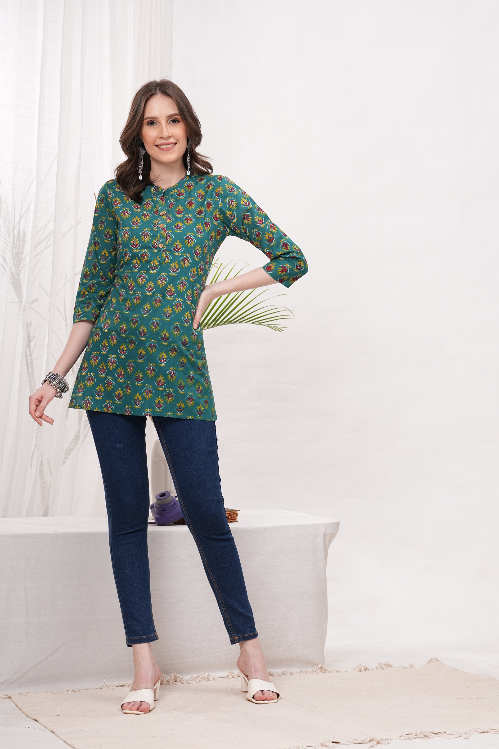 Refreshing Green Block Print Pure Cotton Stylish Short Kurti -Perfect Blend of Style and Comfort