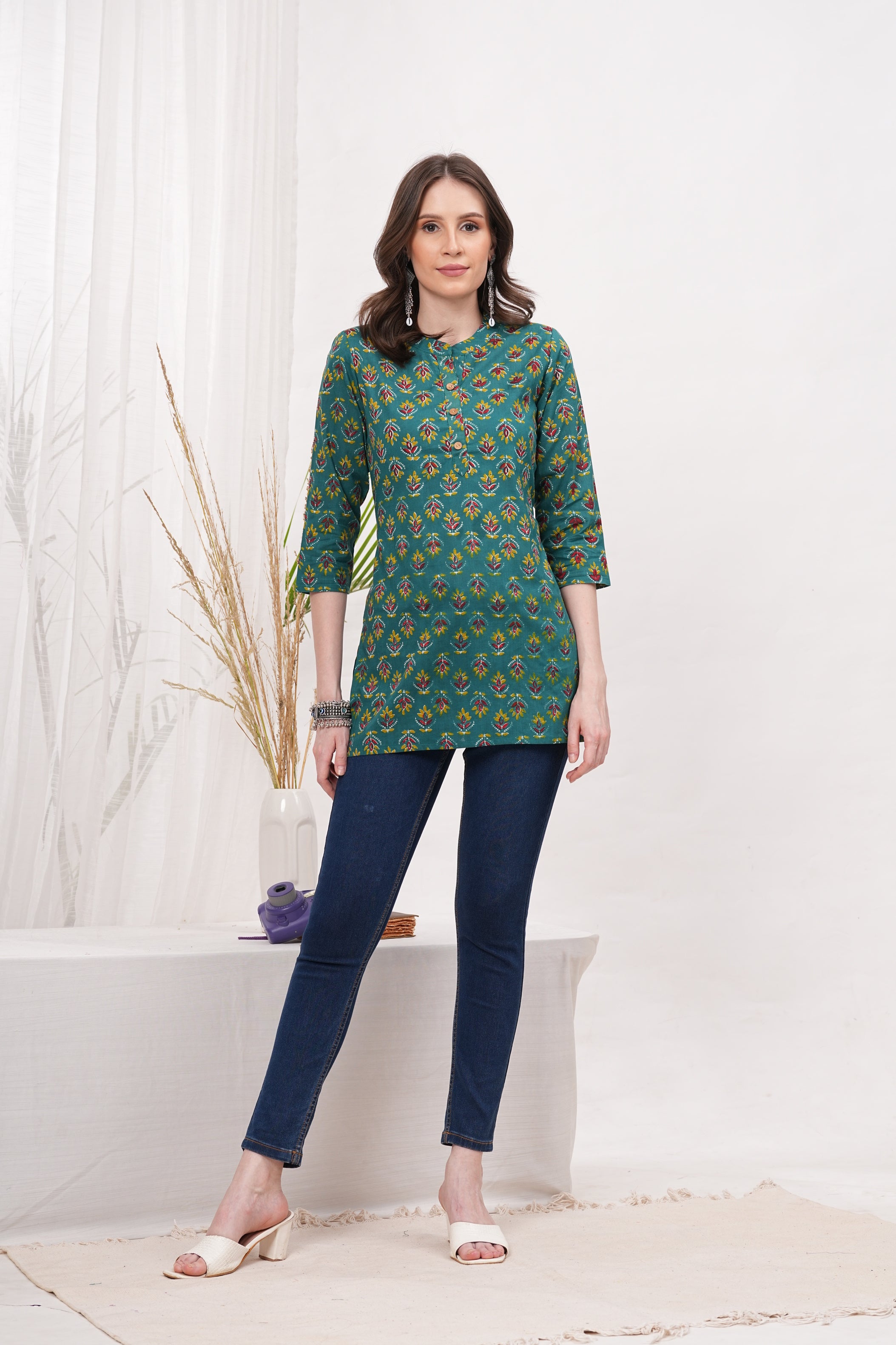 Refreshing Green Block Print Pure Cotton Stylish Short Kurti -Perfect Blend of Style and Comfort