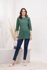 Refreshing Green Block Print Pure Cotton Stylish Short Kurti -Perfect Blend of Style and Comfort